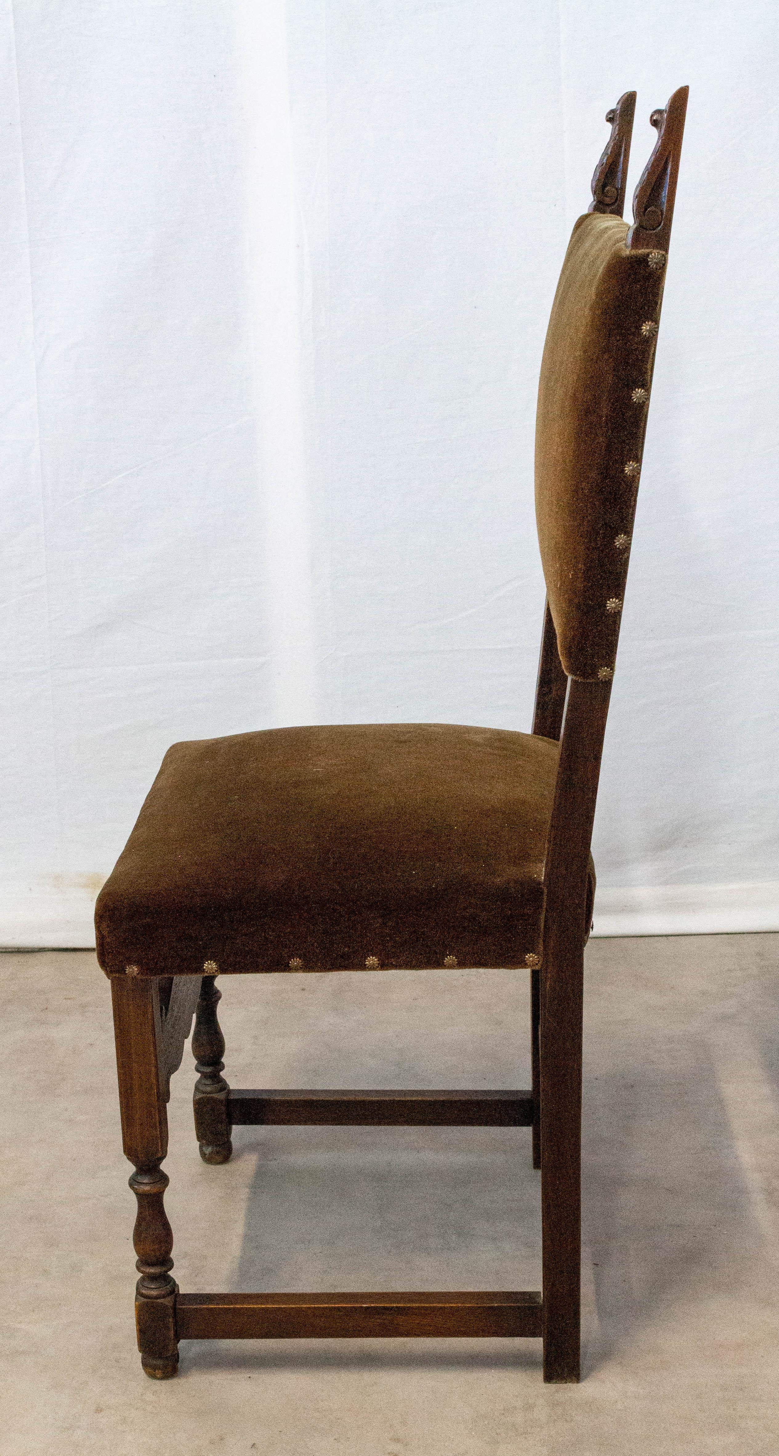 Six Dining Chairs Vintage 20th Century Spanish Velvet Brass Studs Oak 1