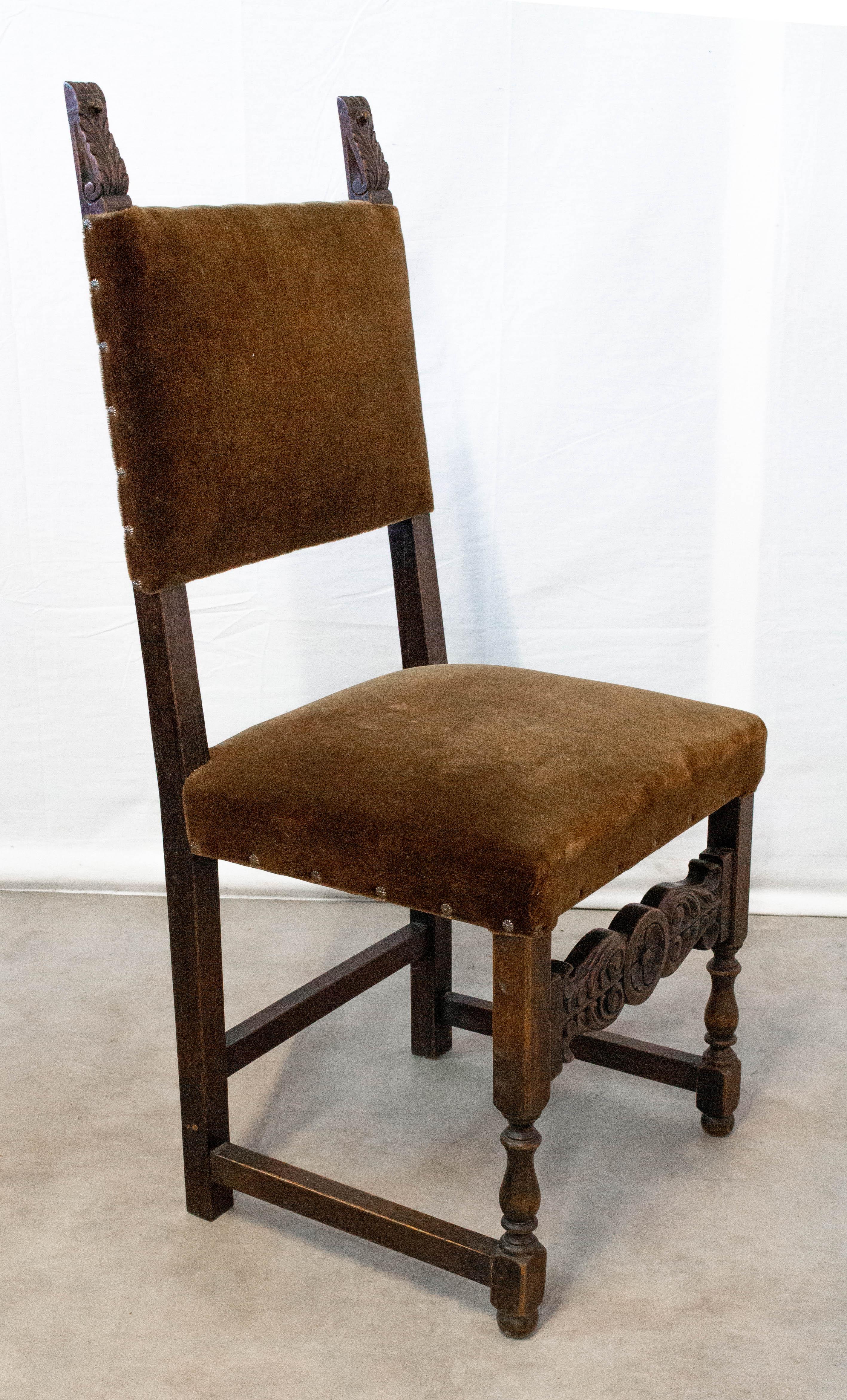 Six Dining Chairs Vintage 20th Century Spanish Velvet Brass Studs Oak 3