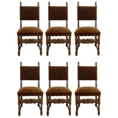 Six Dining Chairs Vintage 20th Century Spanish Velvet Brass Studs Oak