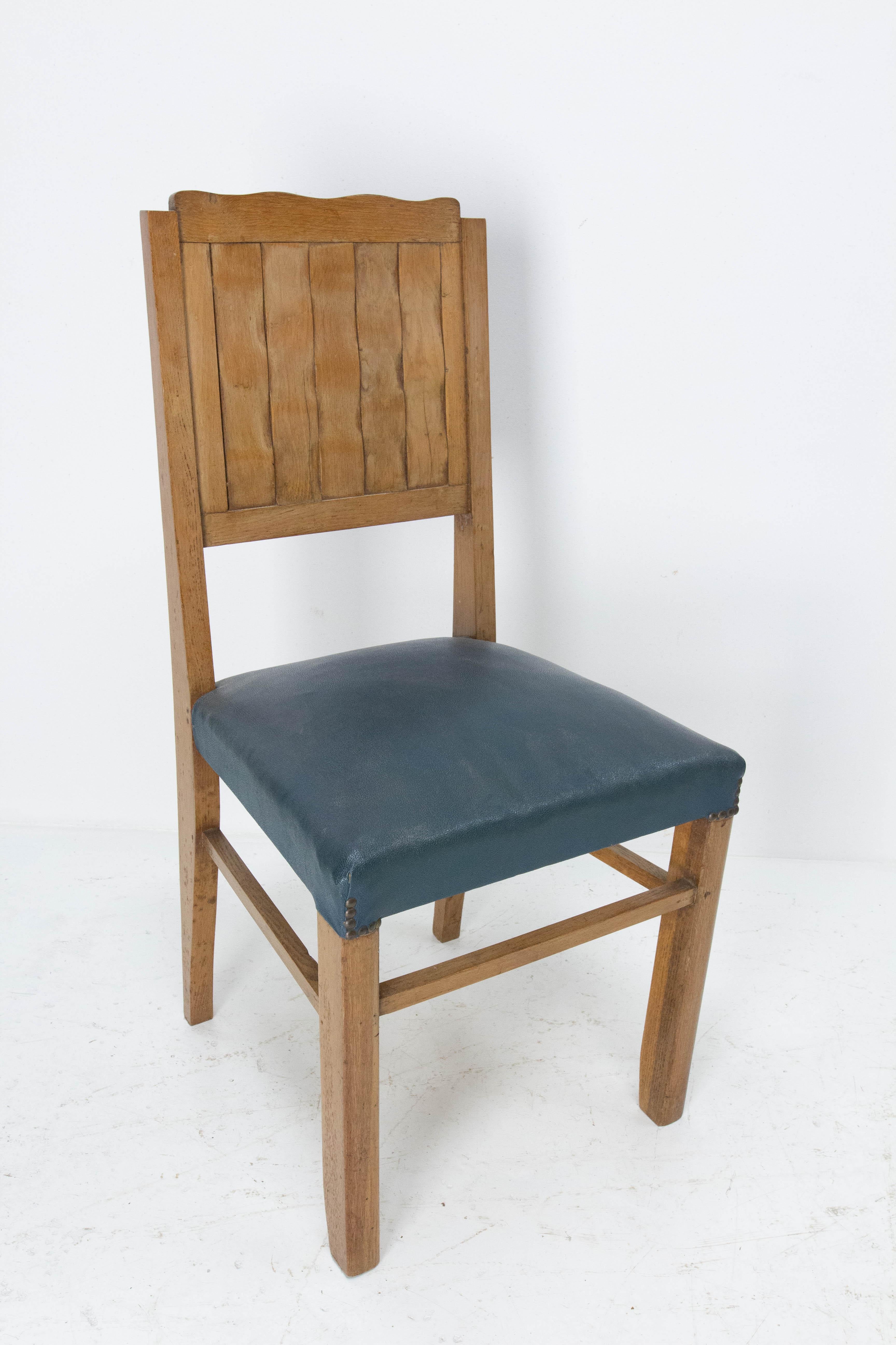Six Dining Oak Chairs Carved Backs Imitation Weaving French, circa 1950 For Sale 3