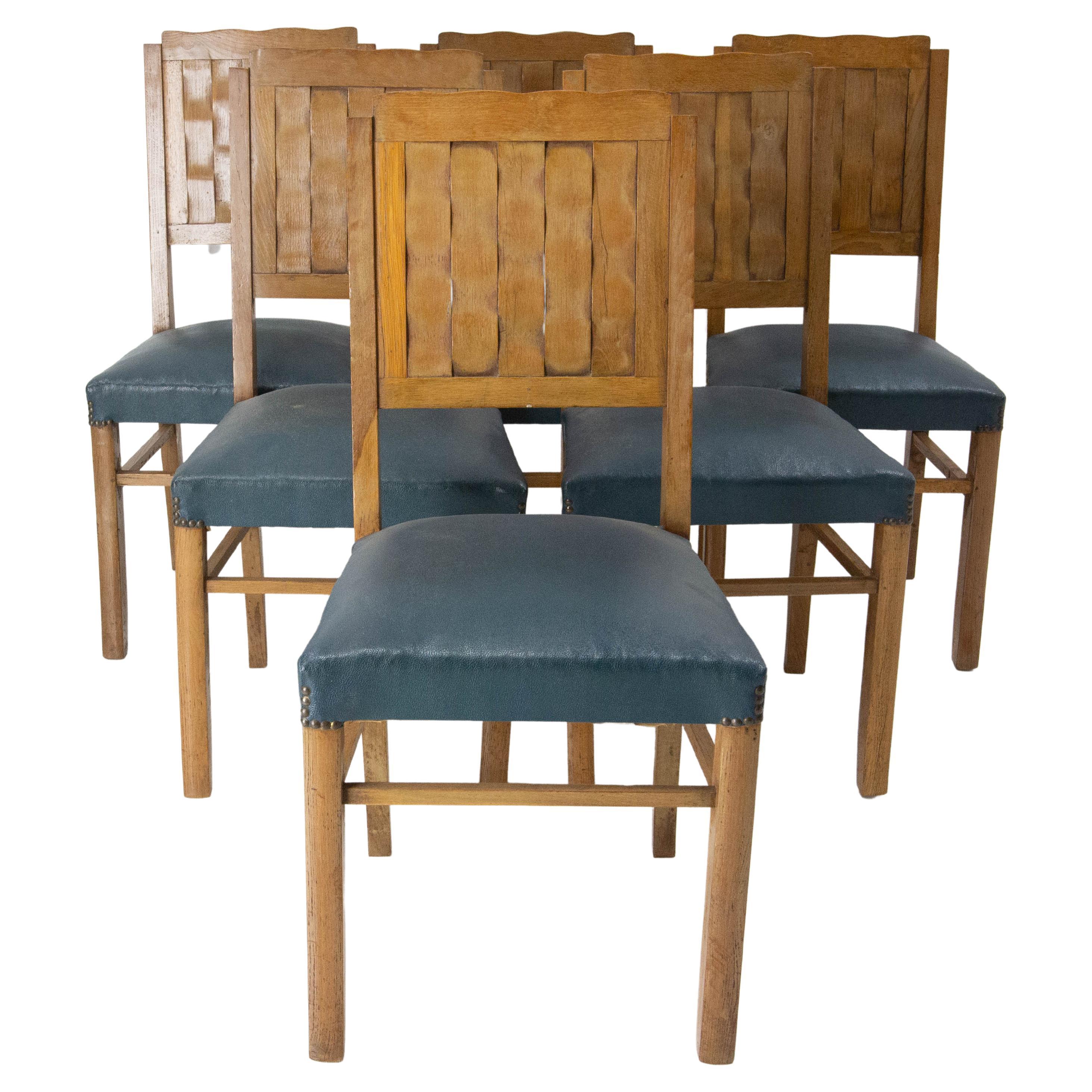 Six Dining Oak Chairs Carved Backs Imitation Weaving French, circa 1950 For Sale