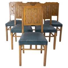 Six Dining Oak Chairs Carved Backs Imitation Weaving French, circa 1950