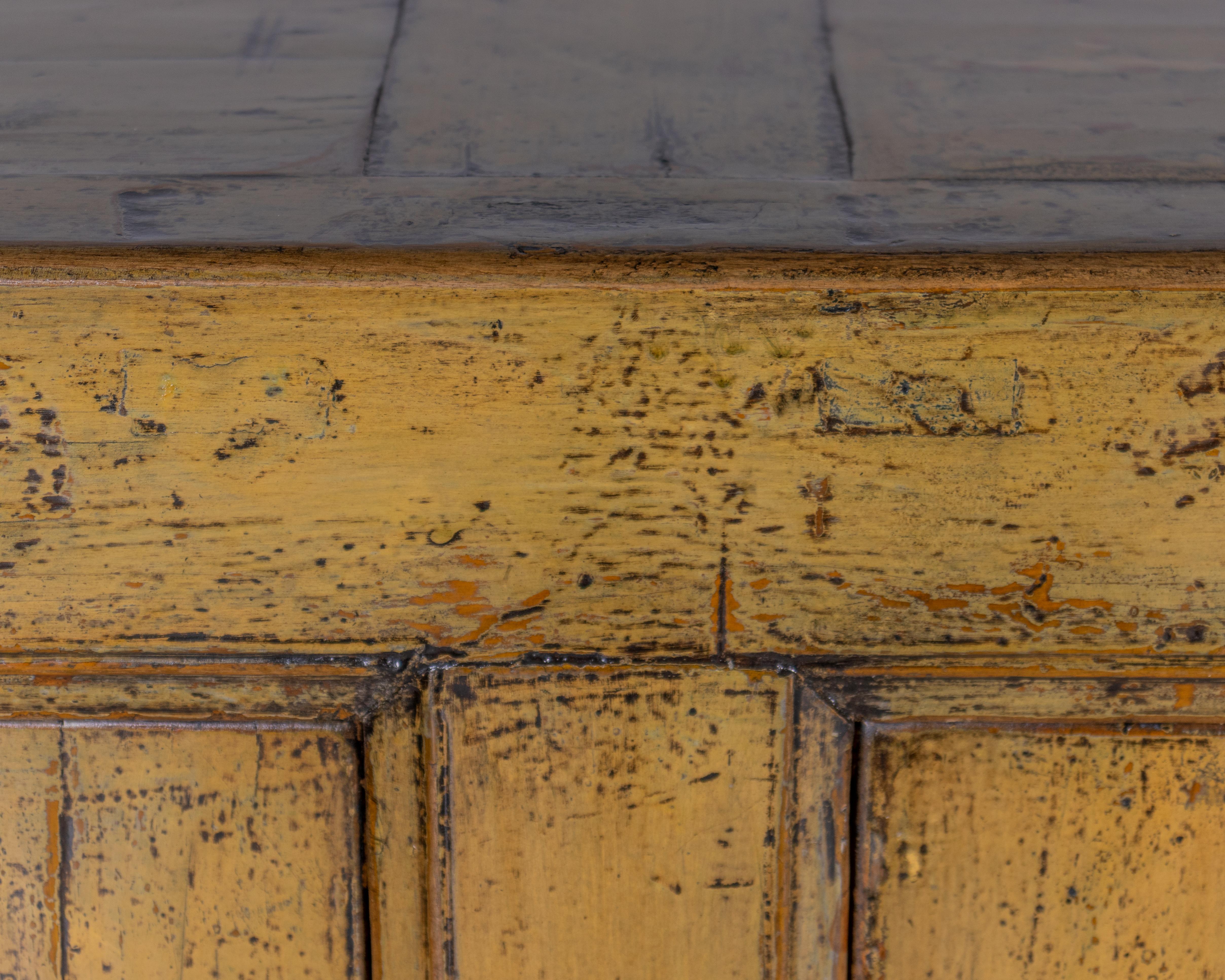 Rustic Six Door Server Mustard Tone Paint Patina with Lacquer Glaze 
