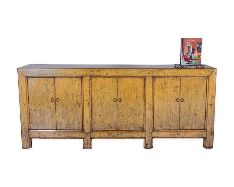 Six Door Server Mustard Tone Paint Patina with Lacquer Glaze  In Good Condition For Sale In Dallas, TX