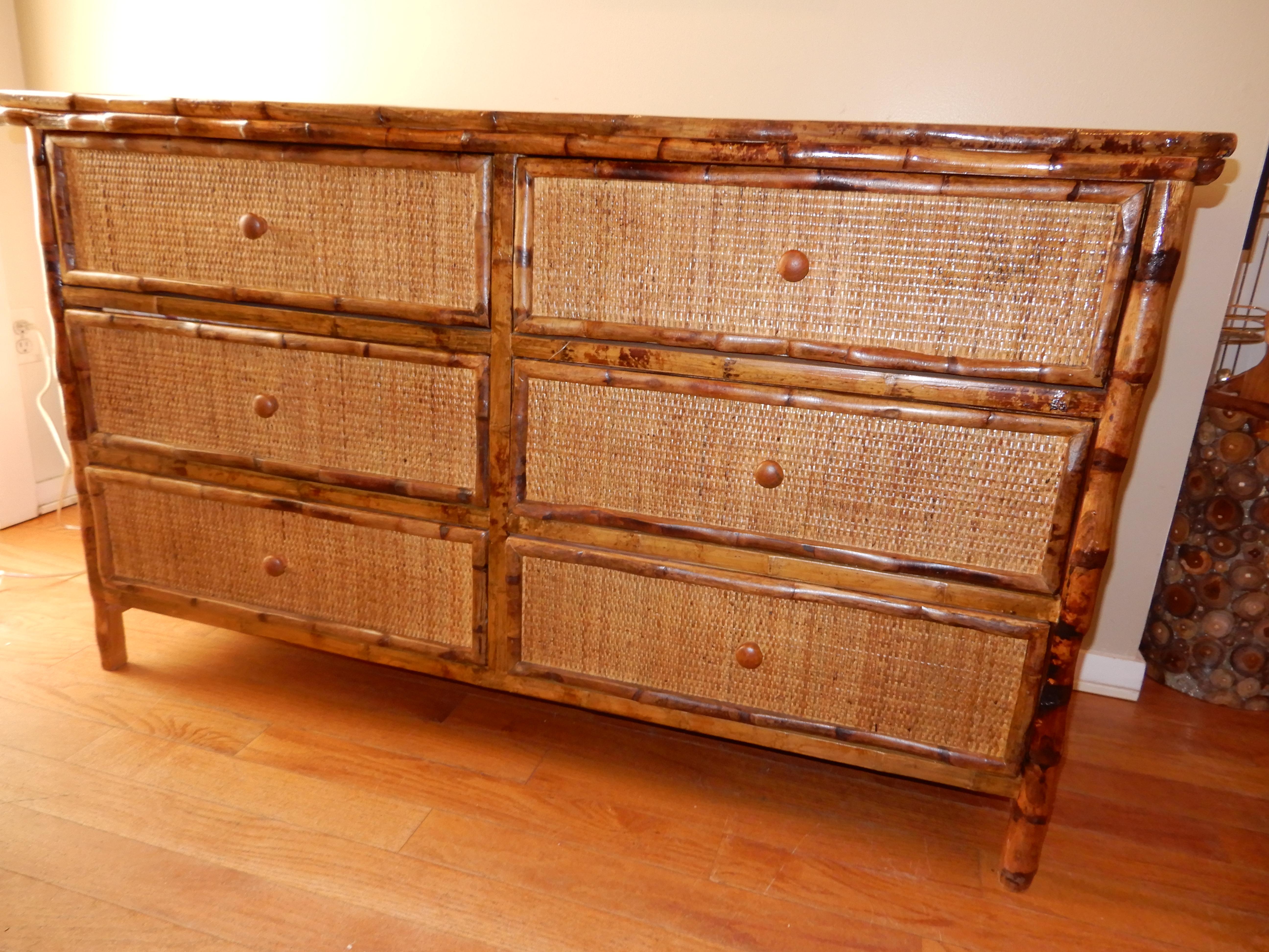 20th Century Six-Drawer Bamboo and Cane British Colonial Dresser