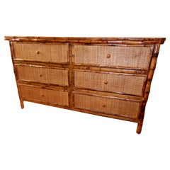 Vintage Six-Drawer Bamboo and Cane British Colonial Dresser