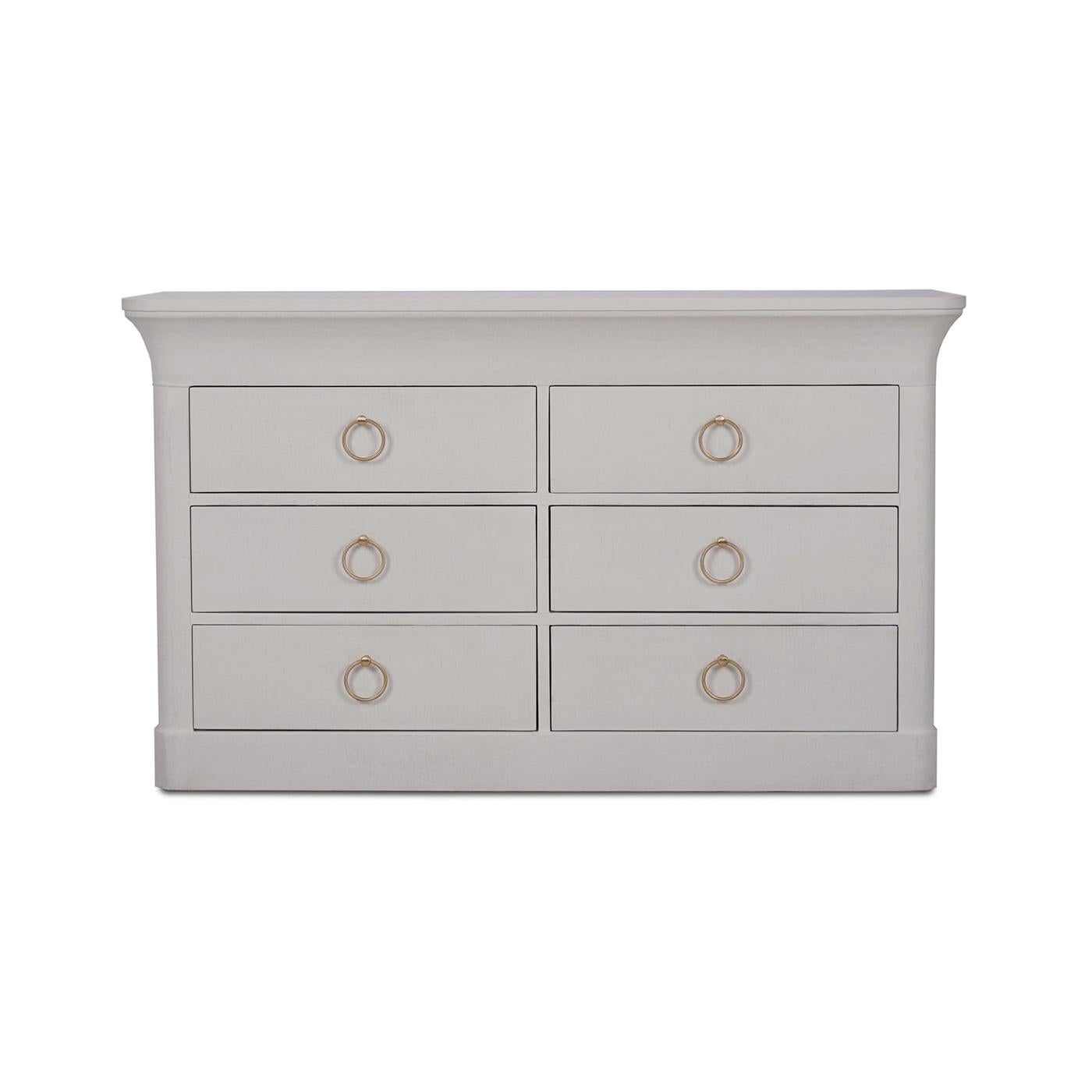 A perfect blend of elegance and functionality for any modern bedroom. This exquisite piece is meticulously wrapped in luxurious dove white linen, offering a sophisticated texture and a soft, neutral tone that complements a variety of interior