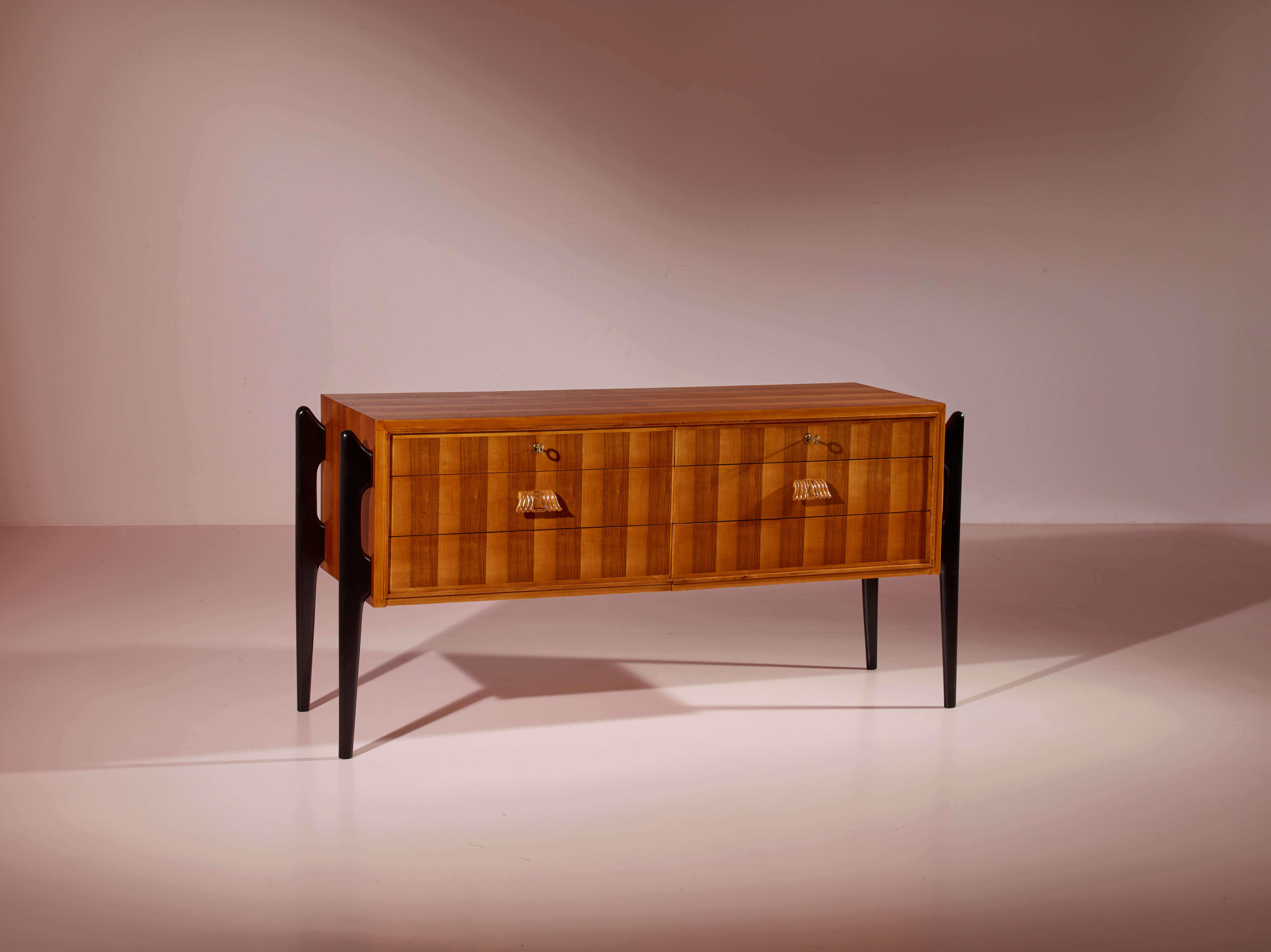 Beech Six-drawer sideboard in veneered wood and stained beech, Cantù, Italy, 1950s