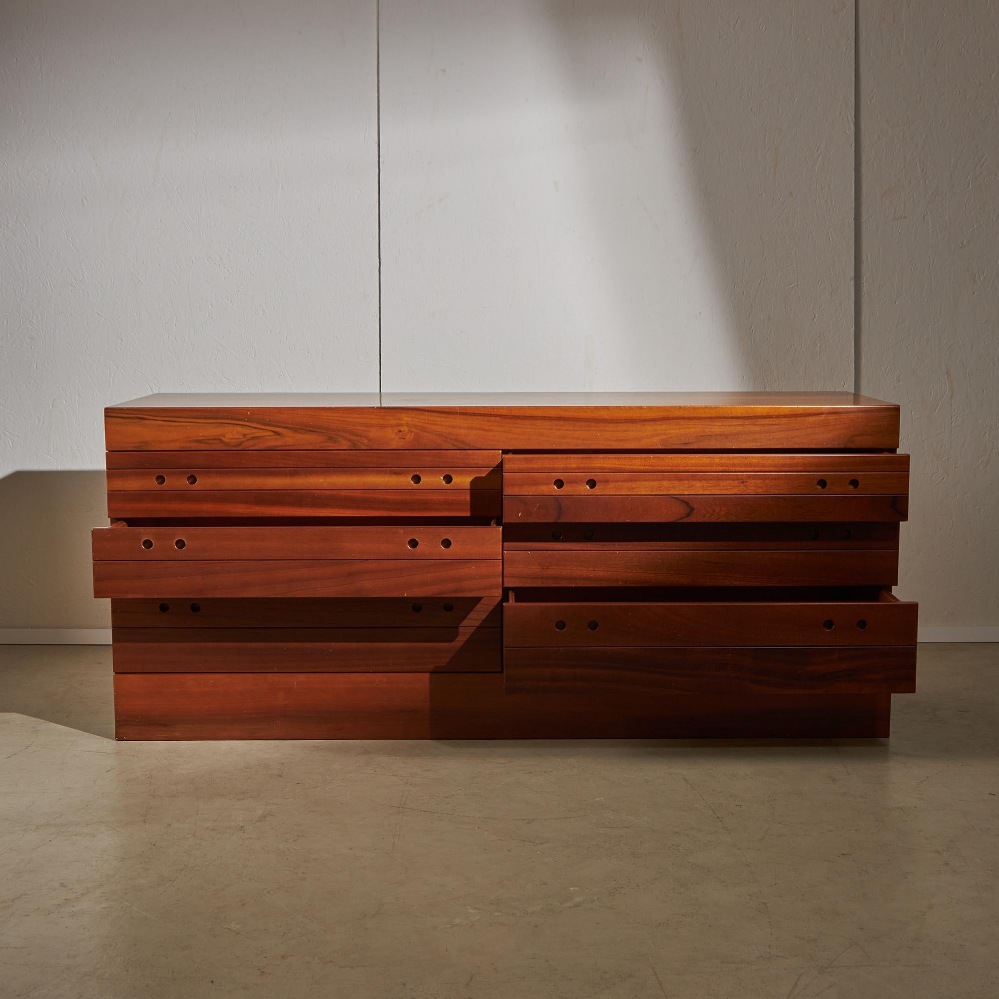 Italian Six Drawer Walnut Sideboard with Circular Handles, 1980s For Sale