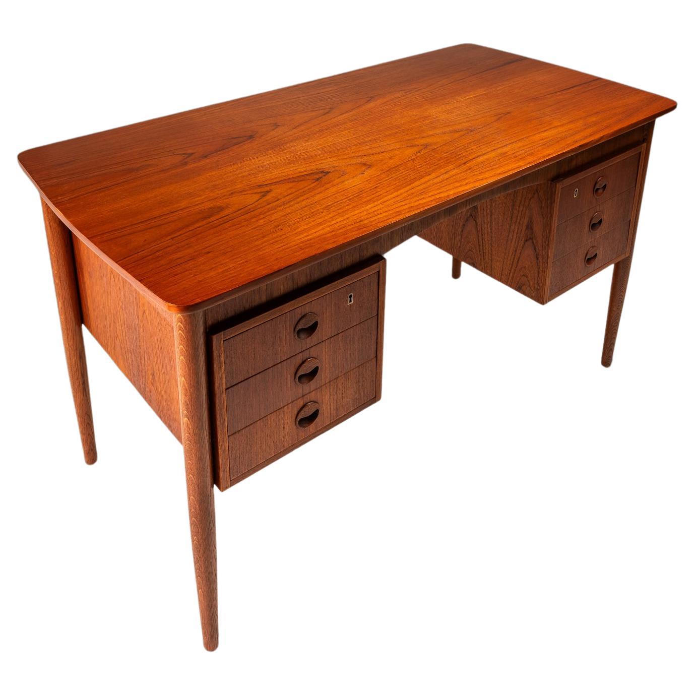 Six-Drawer Writers Desk in Teak with Built-In Storage Shelves, Denmark, c. 1960s