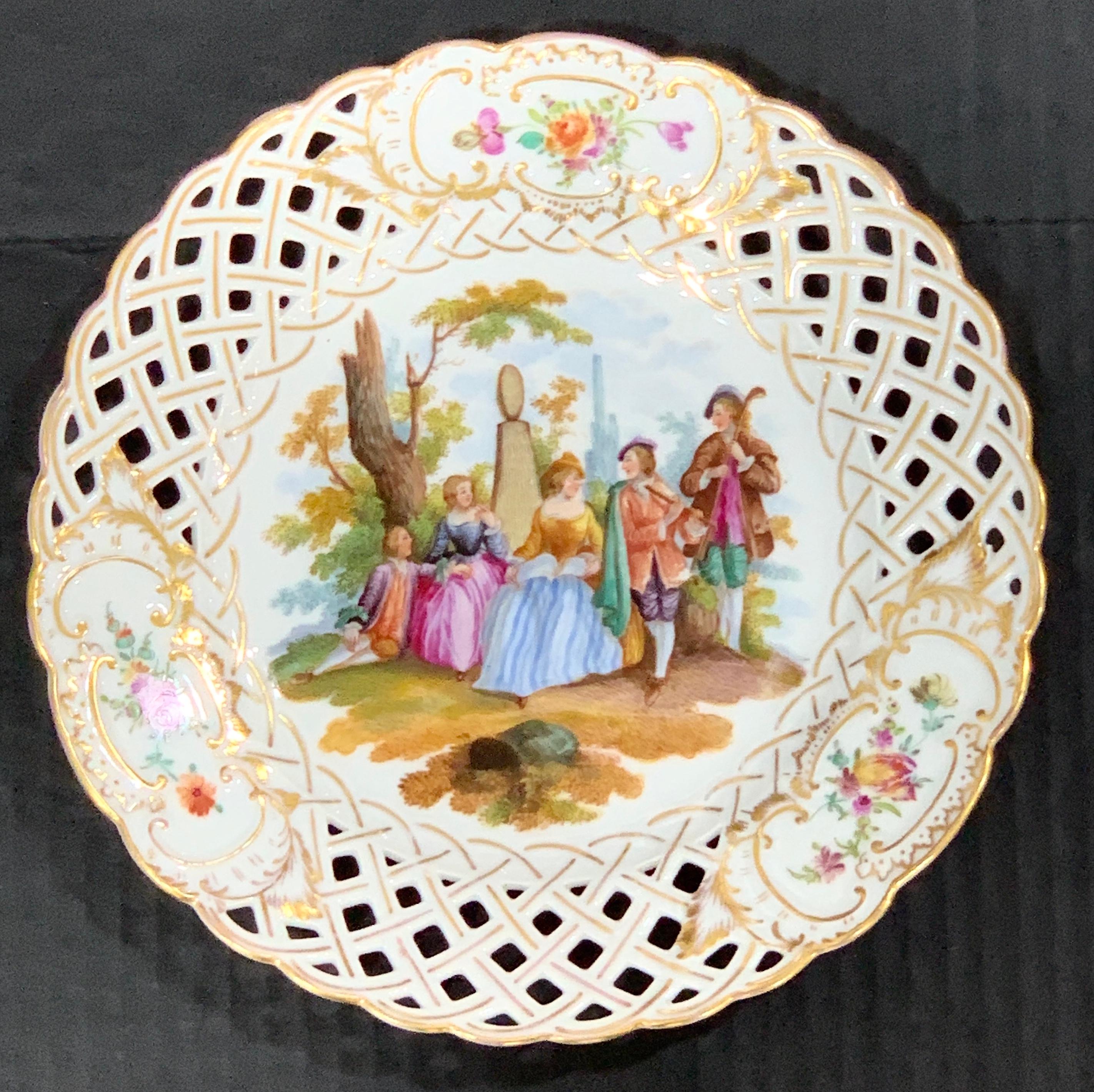 19th Century Six Dresden Reticulated Painted Watteau Scenic Cabinet Plates by Carl Thieme For Sale