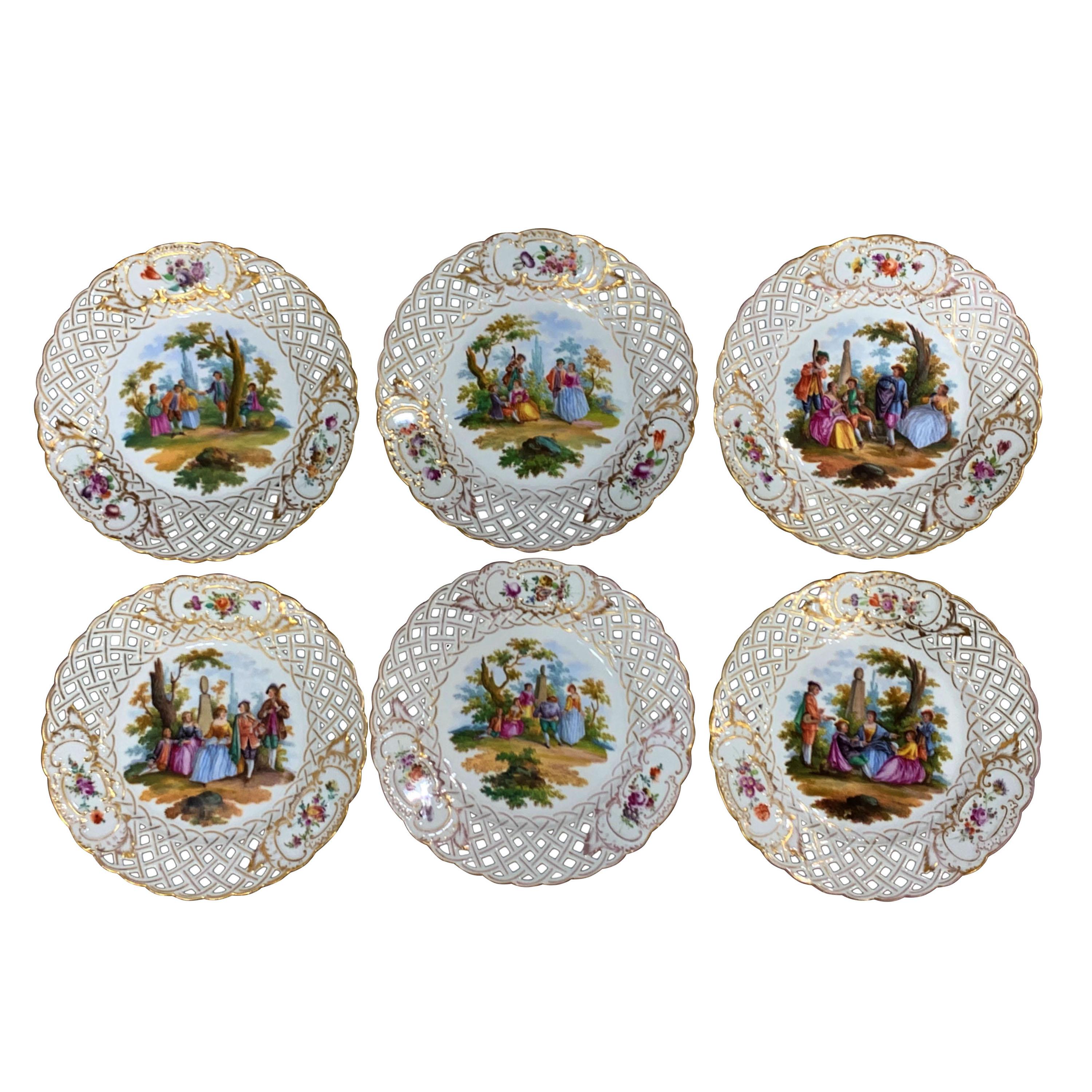 Six Dresden Reticulated Painted Watteau Scenic Cabinet Plates by Carl Thieme For Sale