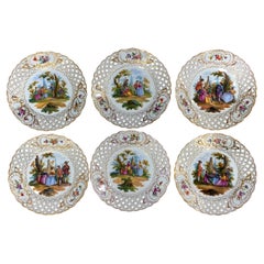 Six Dresden Reticulated Painted Watteau Scenic Cabinet Plates by Carl Thieme