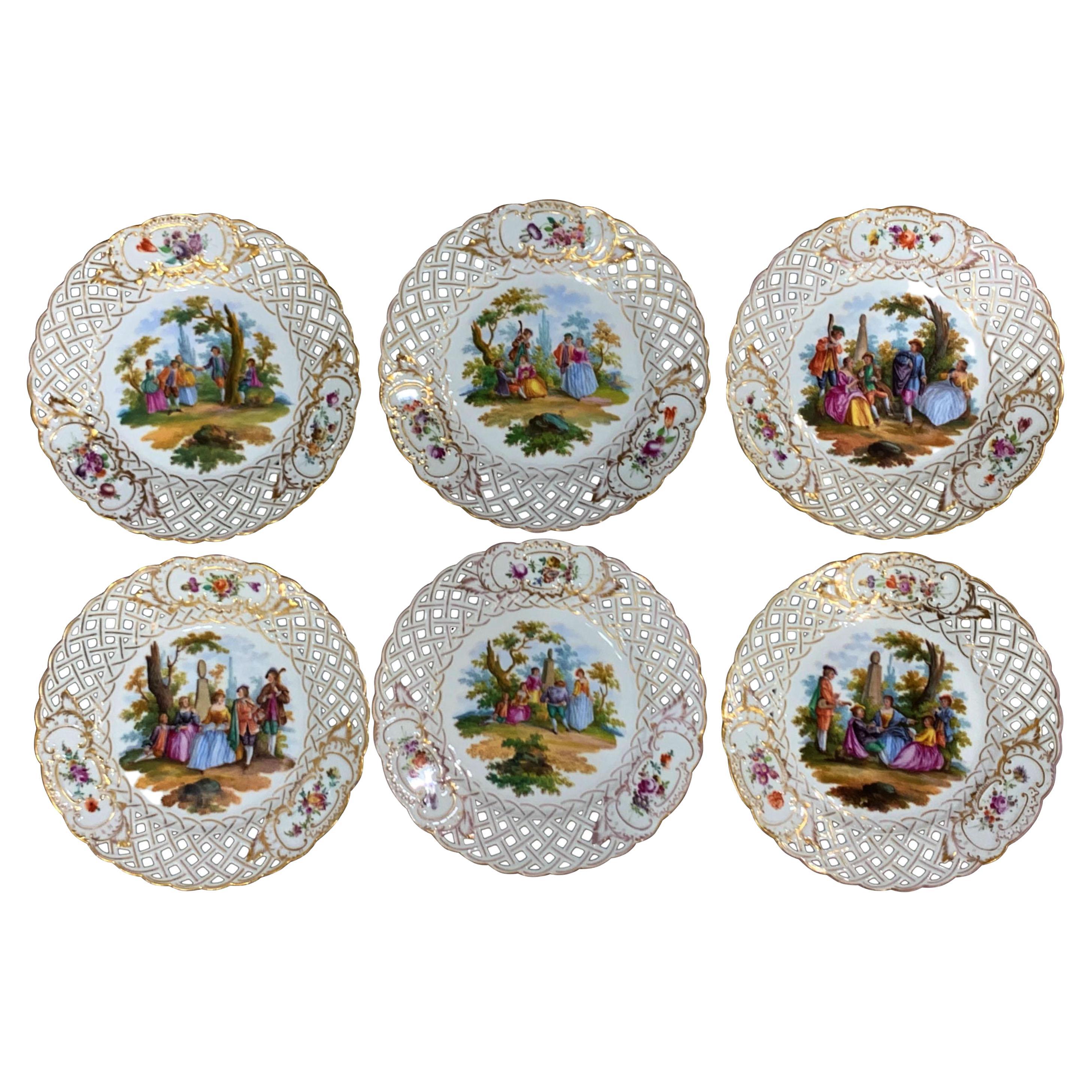 Seis Platos de Gabinete Watteau Reticulados Pintados de Dresde de Carl Thieme