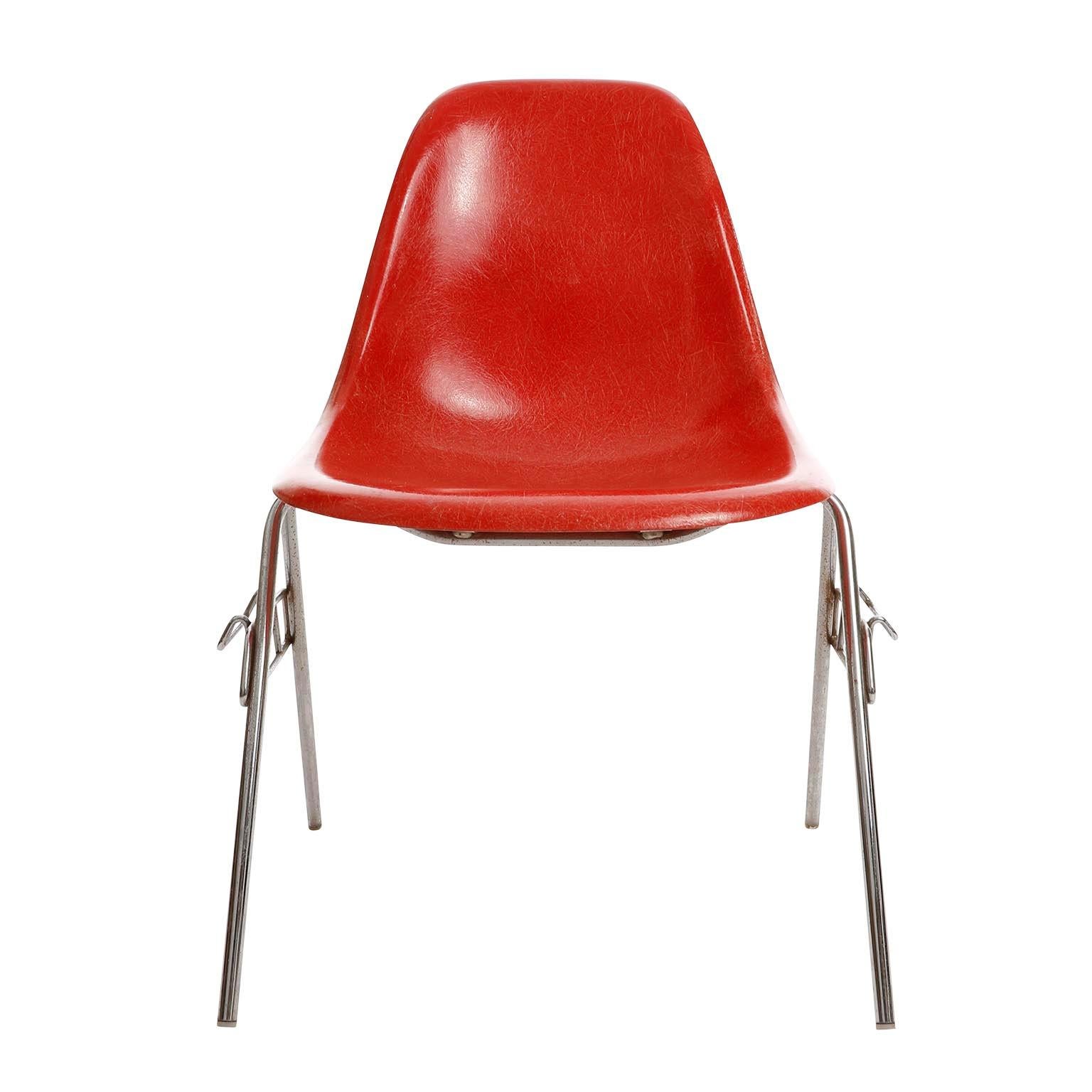 Mid-Century Modern Six Stacking Chairs, Charles & Ray Eames, Herman Miller, Red Fiberglass, 1974. For Sale