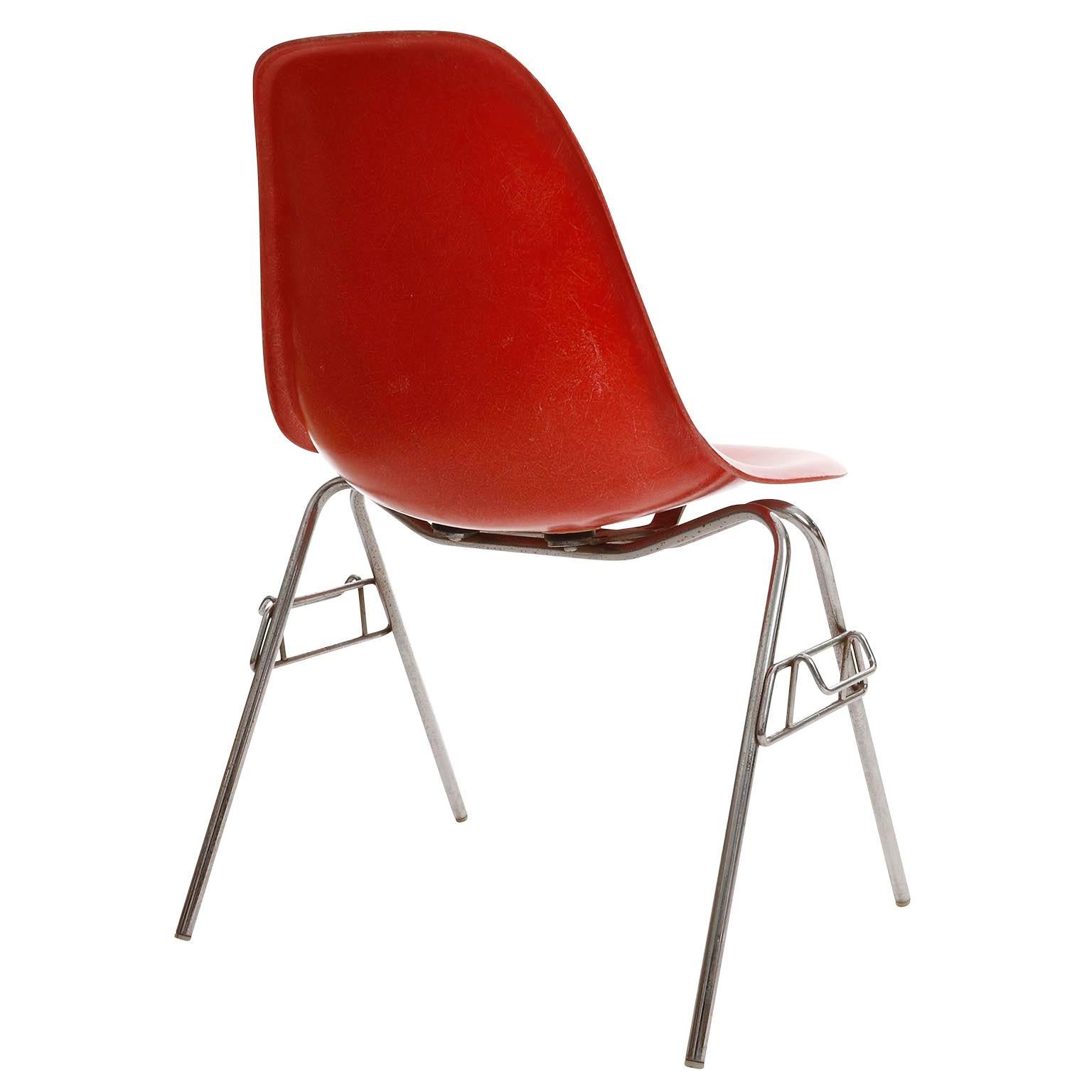 Late 20th Century Six Stacking Chairs, Charles & Ray Eames, Herman Miller, Red Fiberglass, 1974. For Sale