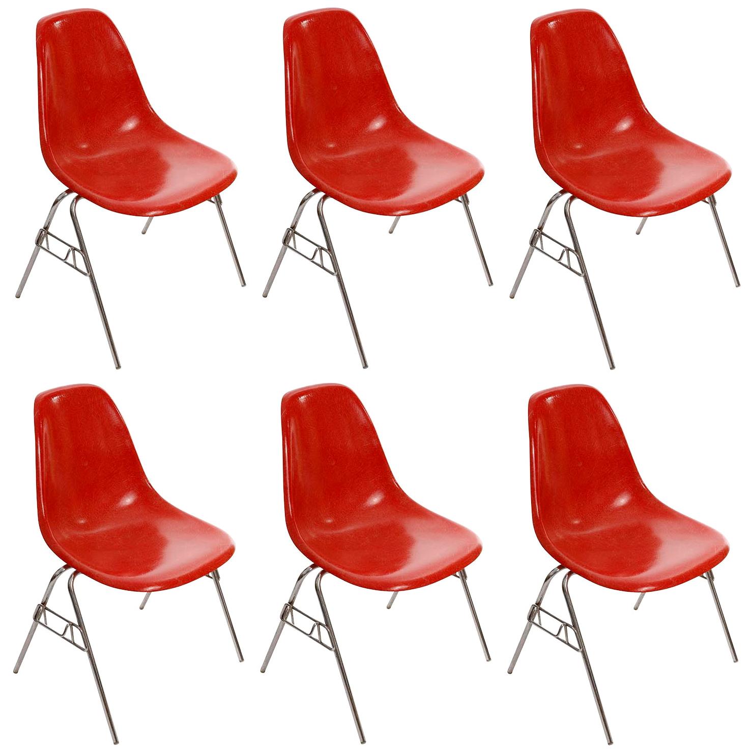 Six DSS Stacking Chairs, Charles & Ray Eames Herman Miller, Red Fiberglass, 1974