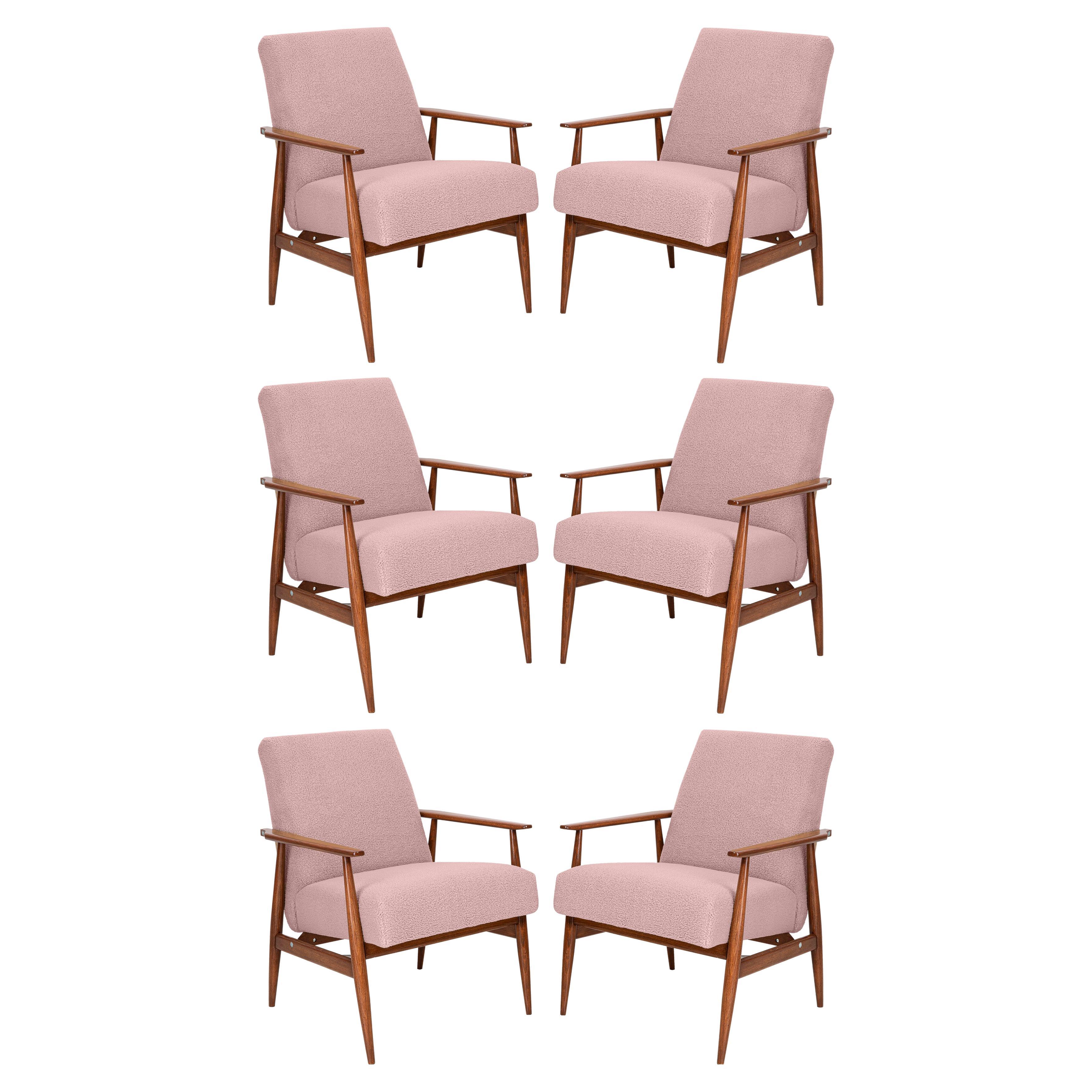 Six fauteuils en dante Boucl rose poussiéreux, H. Lis, Europe, années 1960 en vente