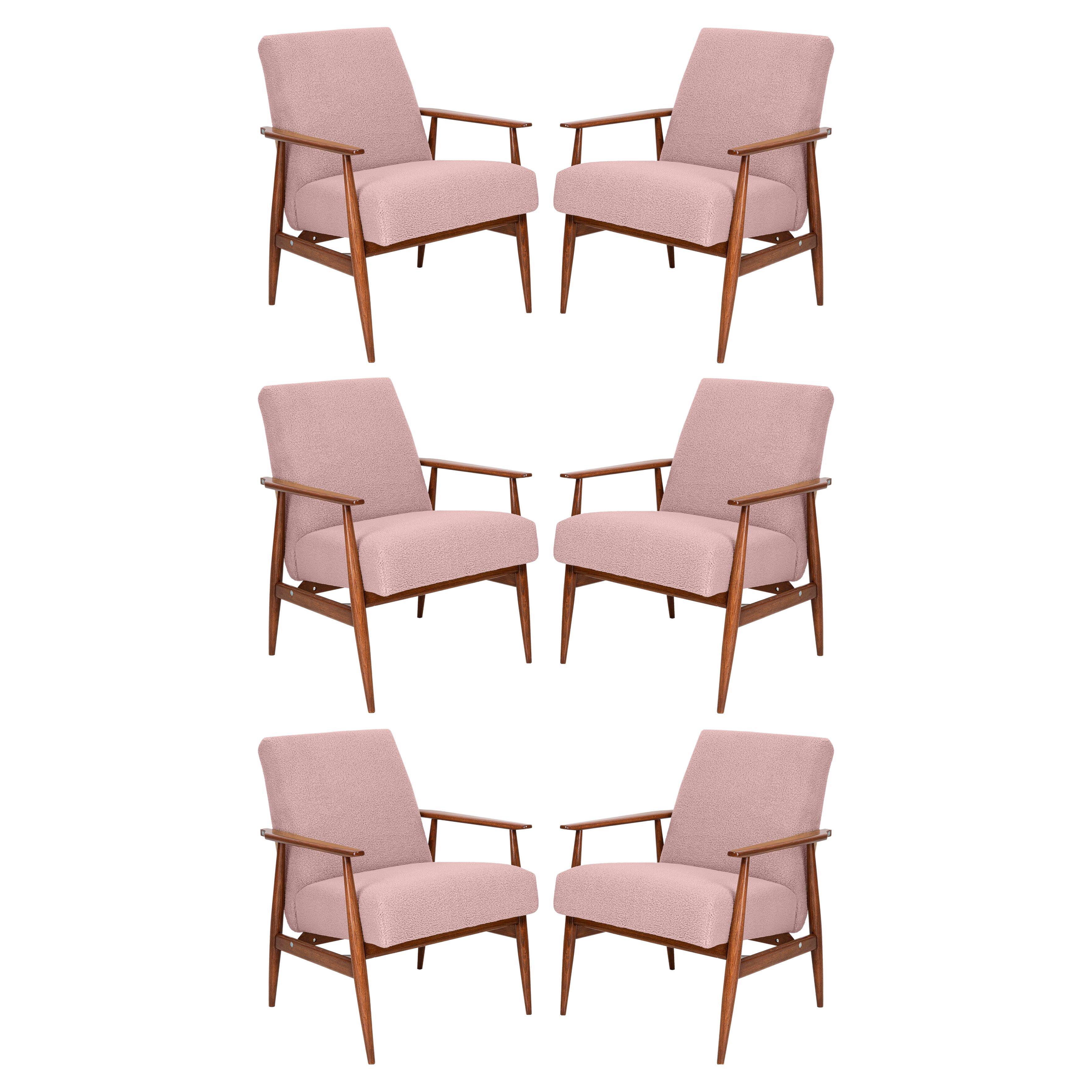 Six Dusty Pink Bouclé Dante Armchairs, H. Lis, Europe, 1960s For Sale
