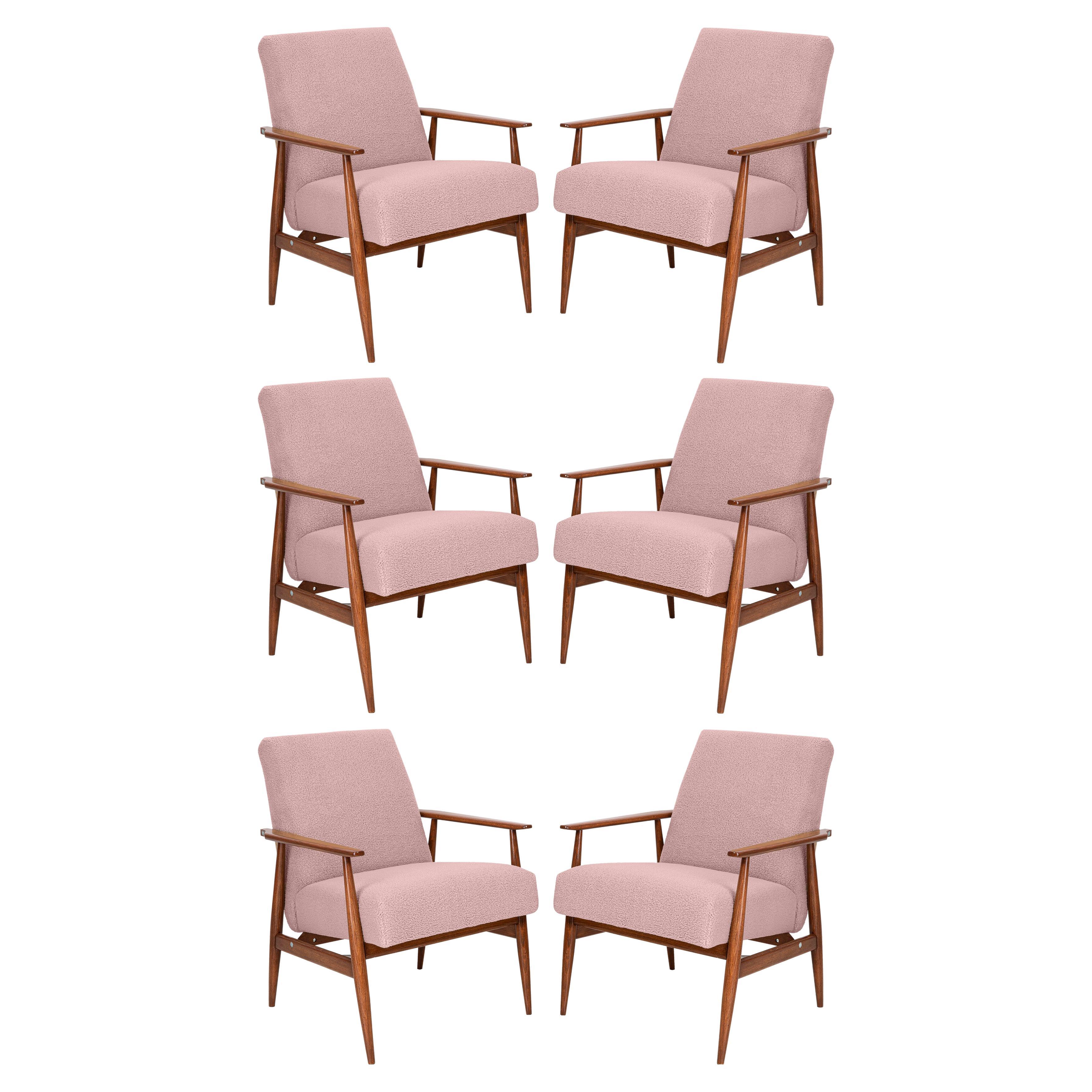 Six Dusty Pink Bouclé Dante Armchairs, H. Lis, Europe, 1960s For Sale