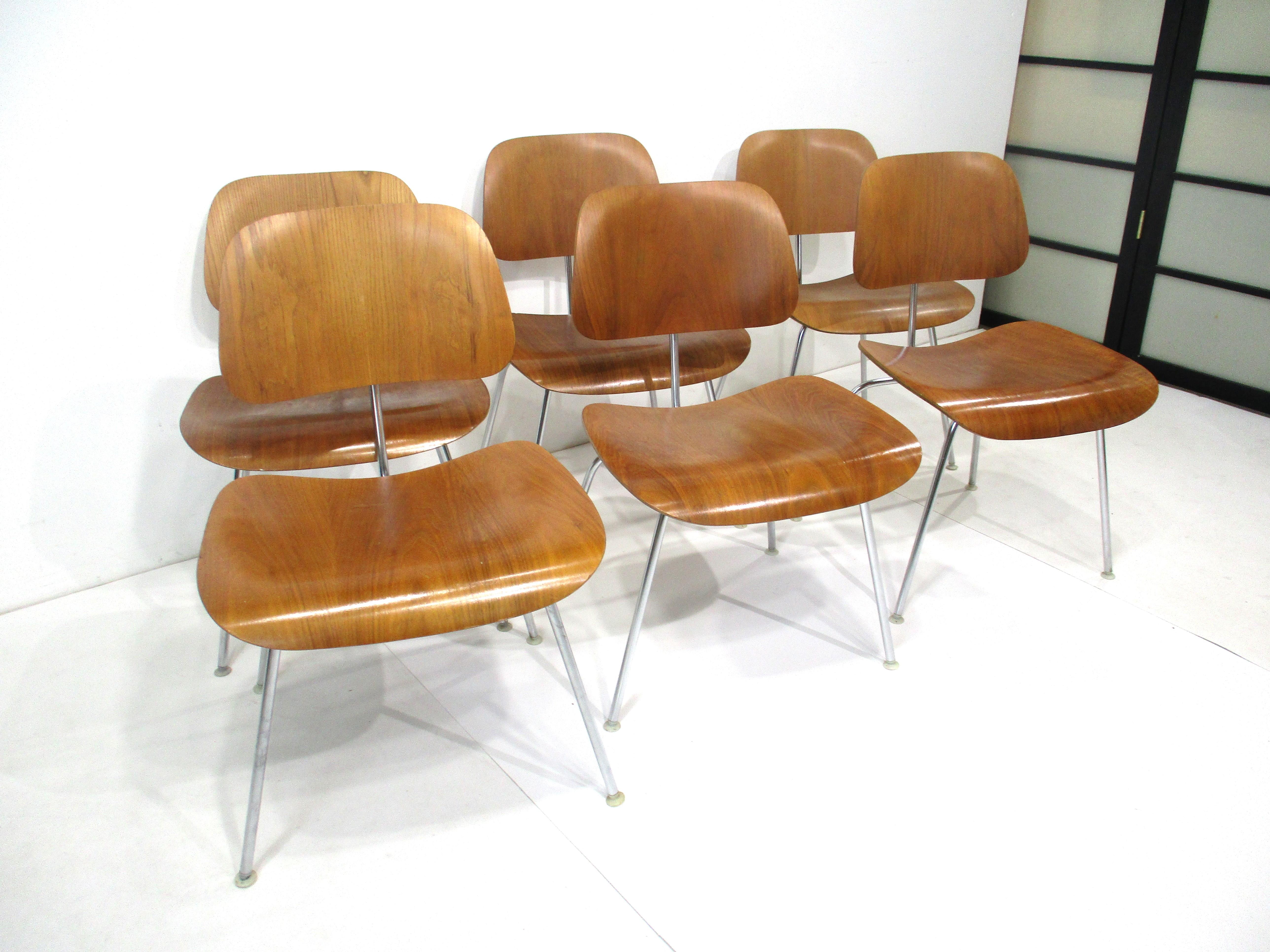 A set of six molded walnut ply DCM dining chairs with chromed metal frames having nylon foot pads to protect your floors . Some still retain the manufactures label to the seat bottom designed by the iconic team of Ray and Charles Eames for the
