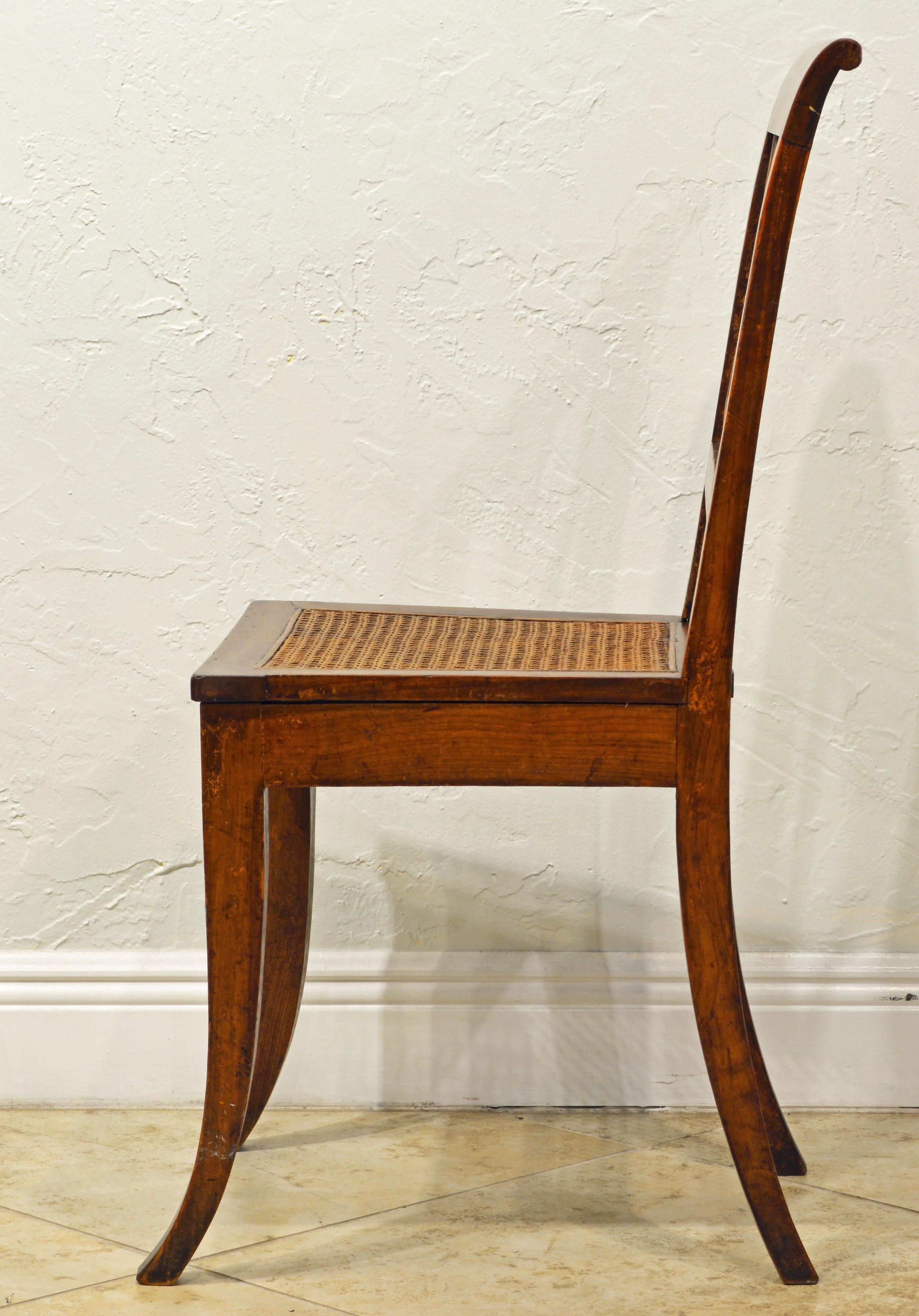 Cane Six Early 19th Century Italian Neoclassical Fruitwood Arrow Back Klismos Chairs