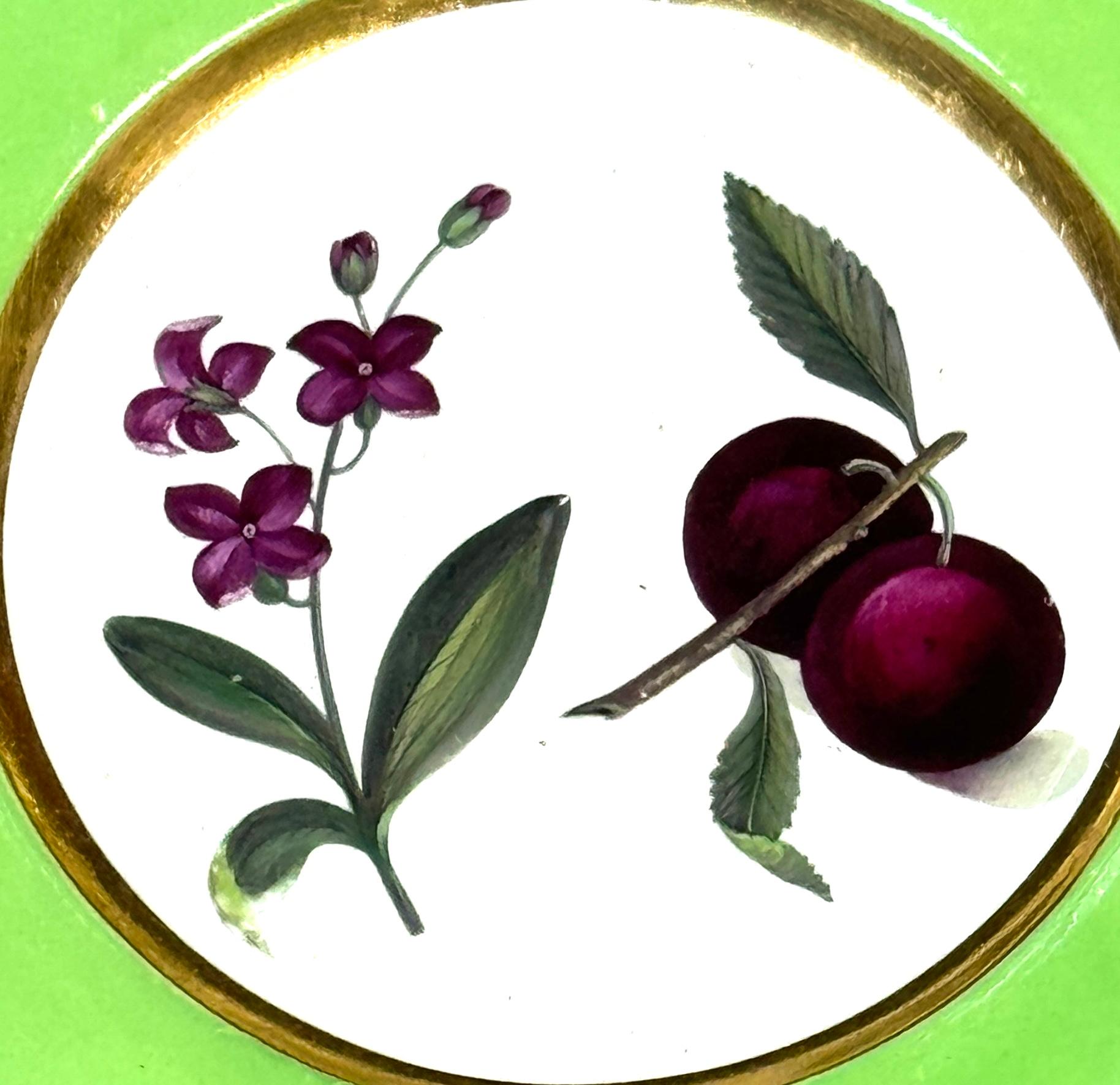 Sei piatti da dessert botanici francesi del primo Ottocento con bordi verdi e dorati in vendita 4