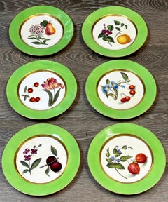 Six Early 19th Century French Botanical Dessert Plates Green & Gilt Borders