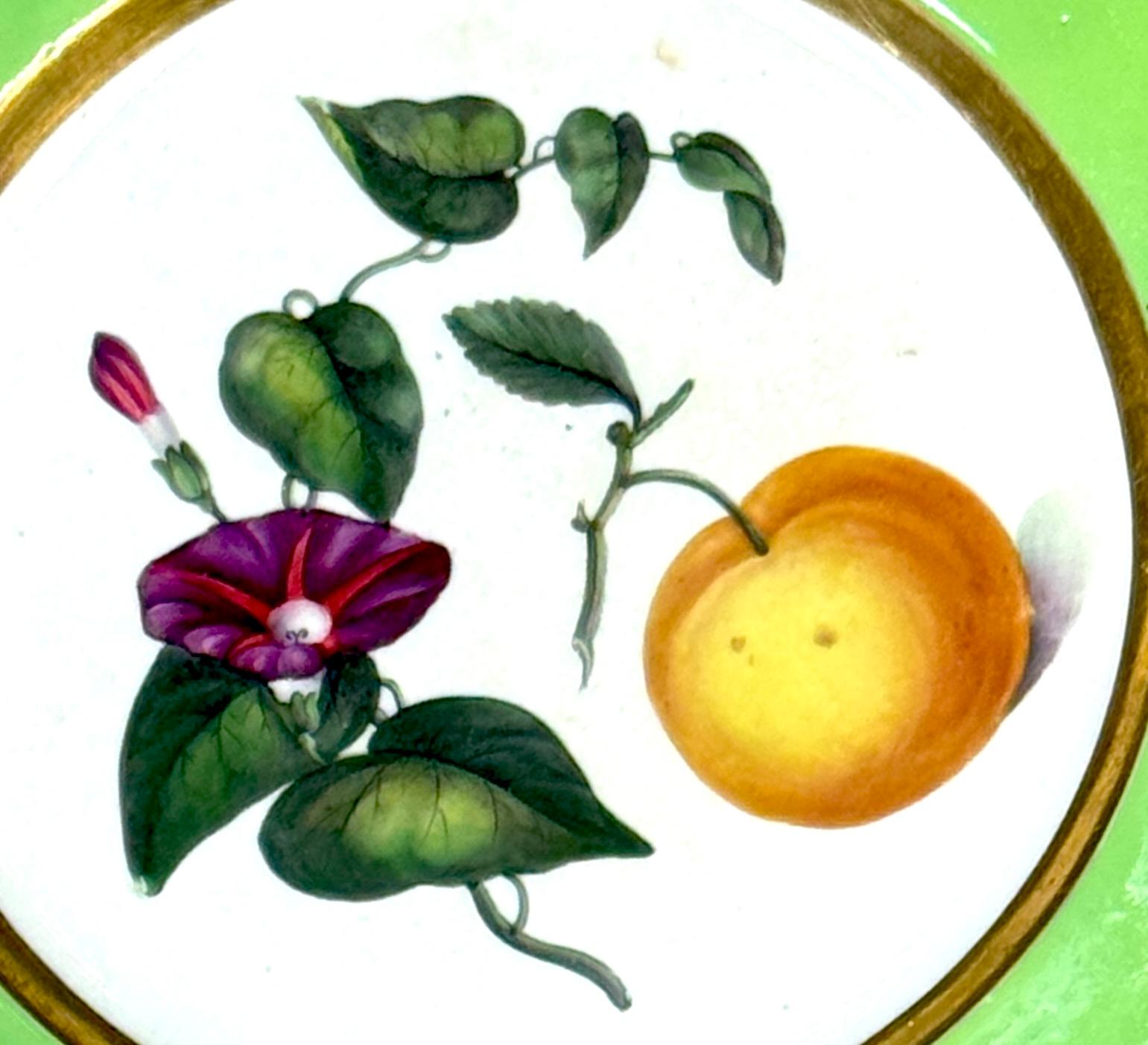 Sei piatti da dessert botanici francesi del primo Ottocento con bordi verdi e dorati in vendita 1