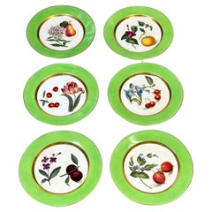 Six Early 19th Century French Botanical Dessert Plates Green & Gilt Borders