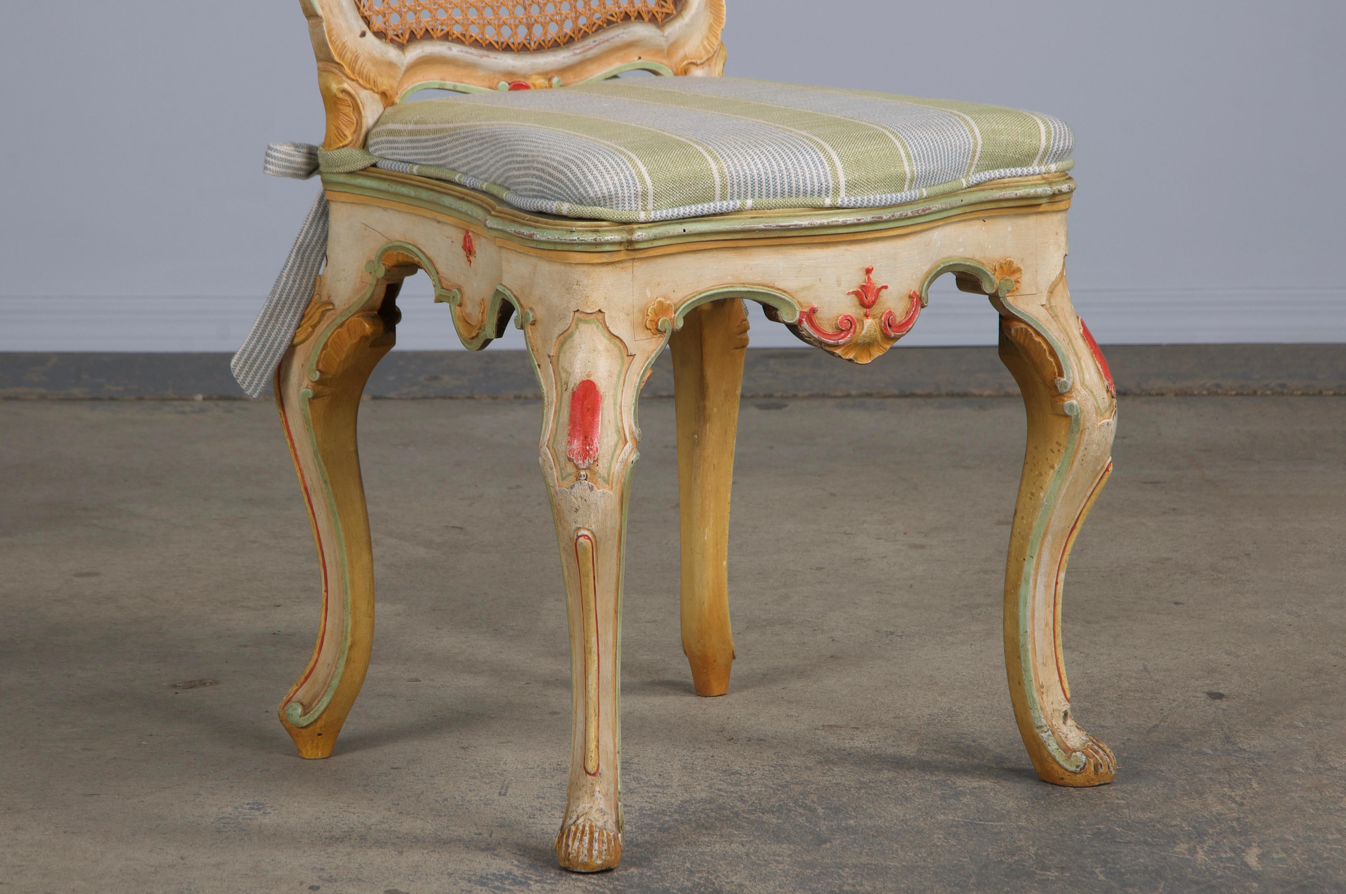 Six Early 19th Century French Louis XV Style Painted Cane Back Dining Chairs For Sale 6