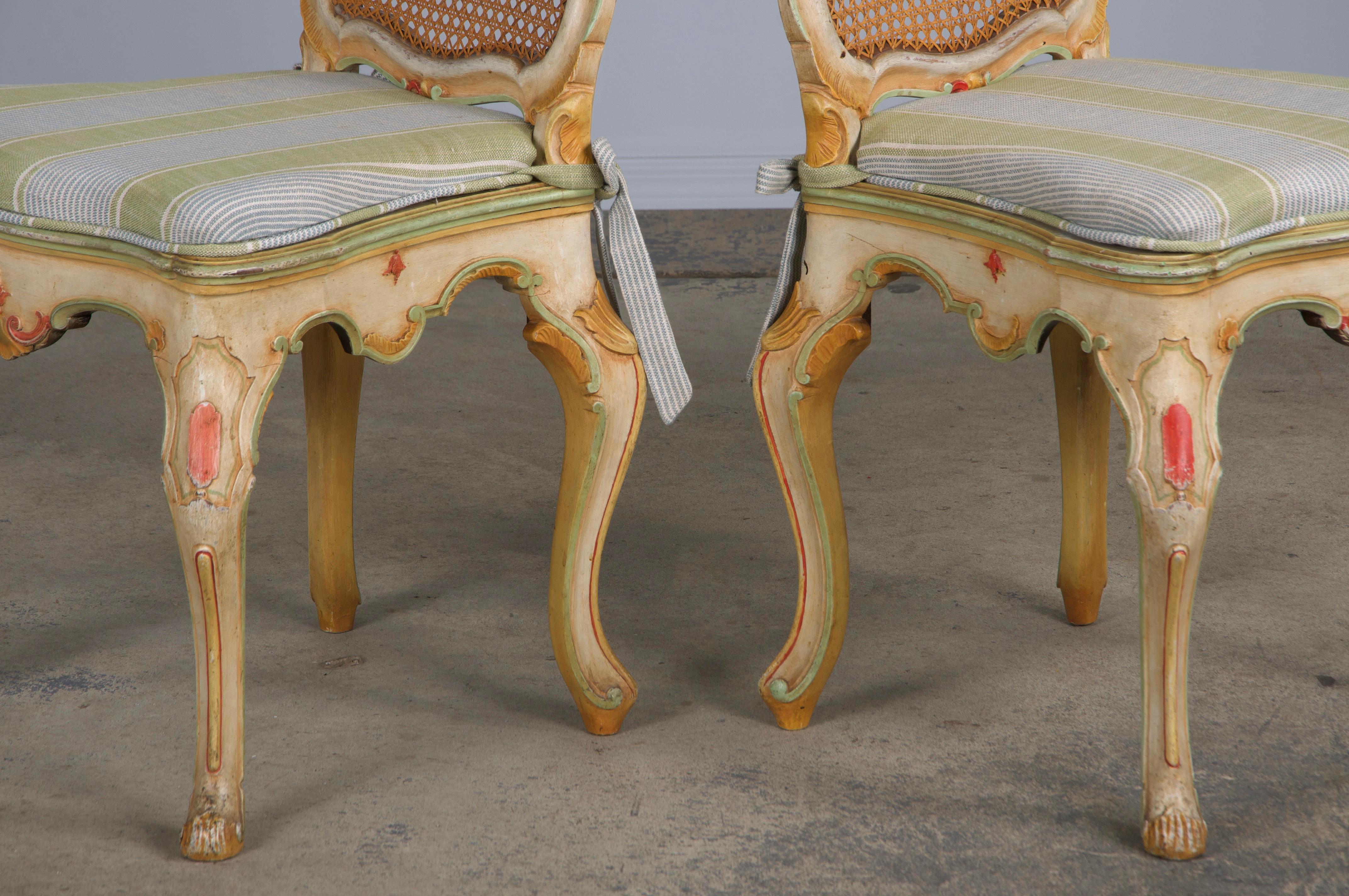 Six Early 19th Century French Louis XV Style Painted Cane Back Dining Chairs For Sale 9