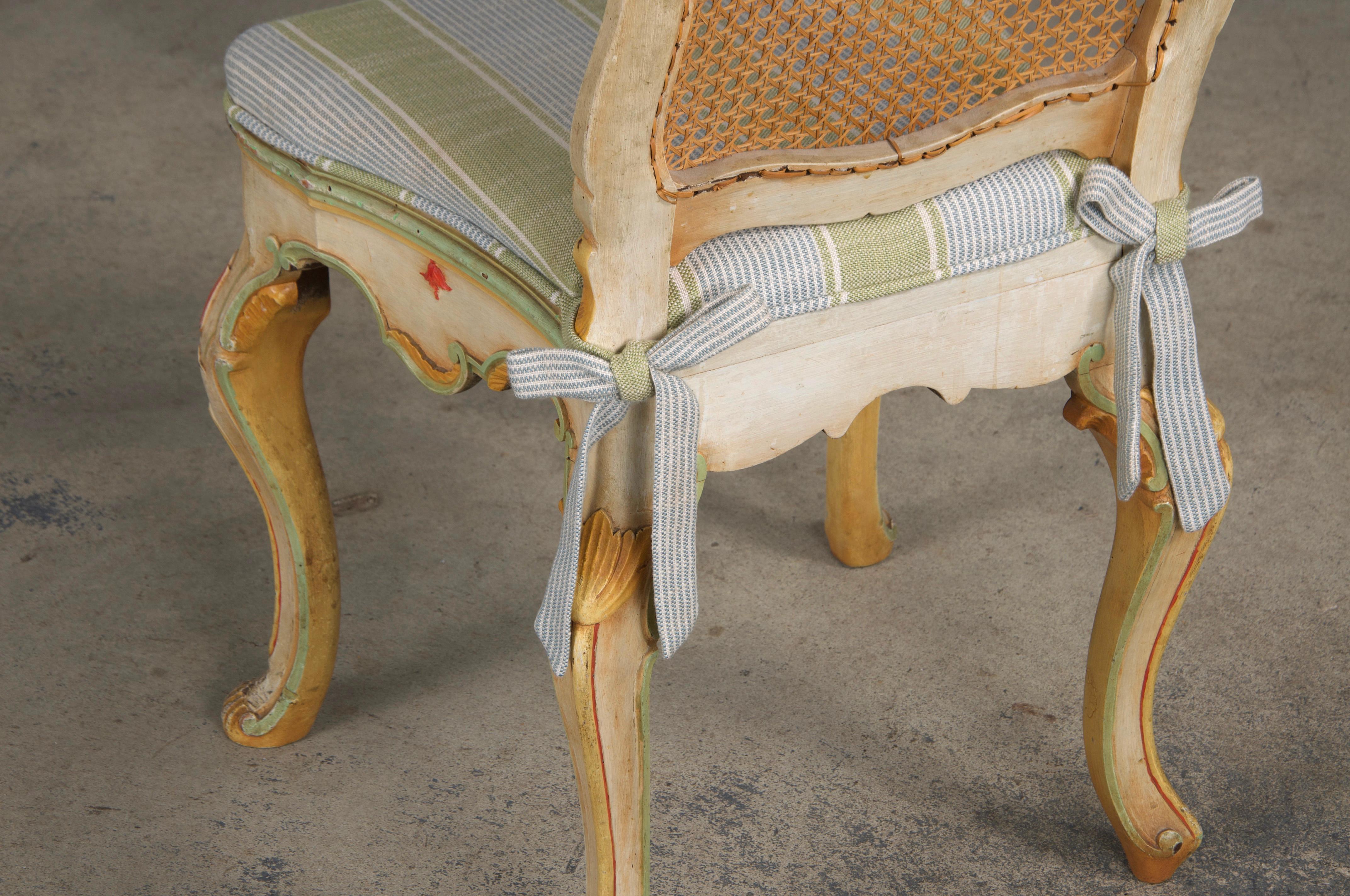 Six Early 19th Century French Louis XV Style Painted Cane Back Dining Chairs For Sale 13
