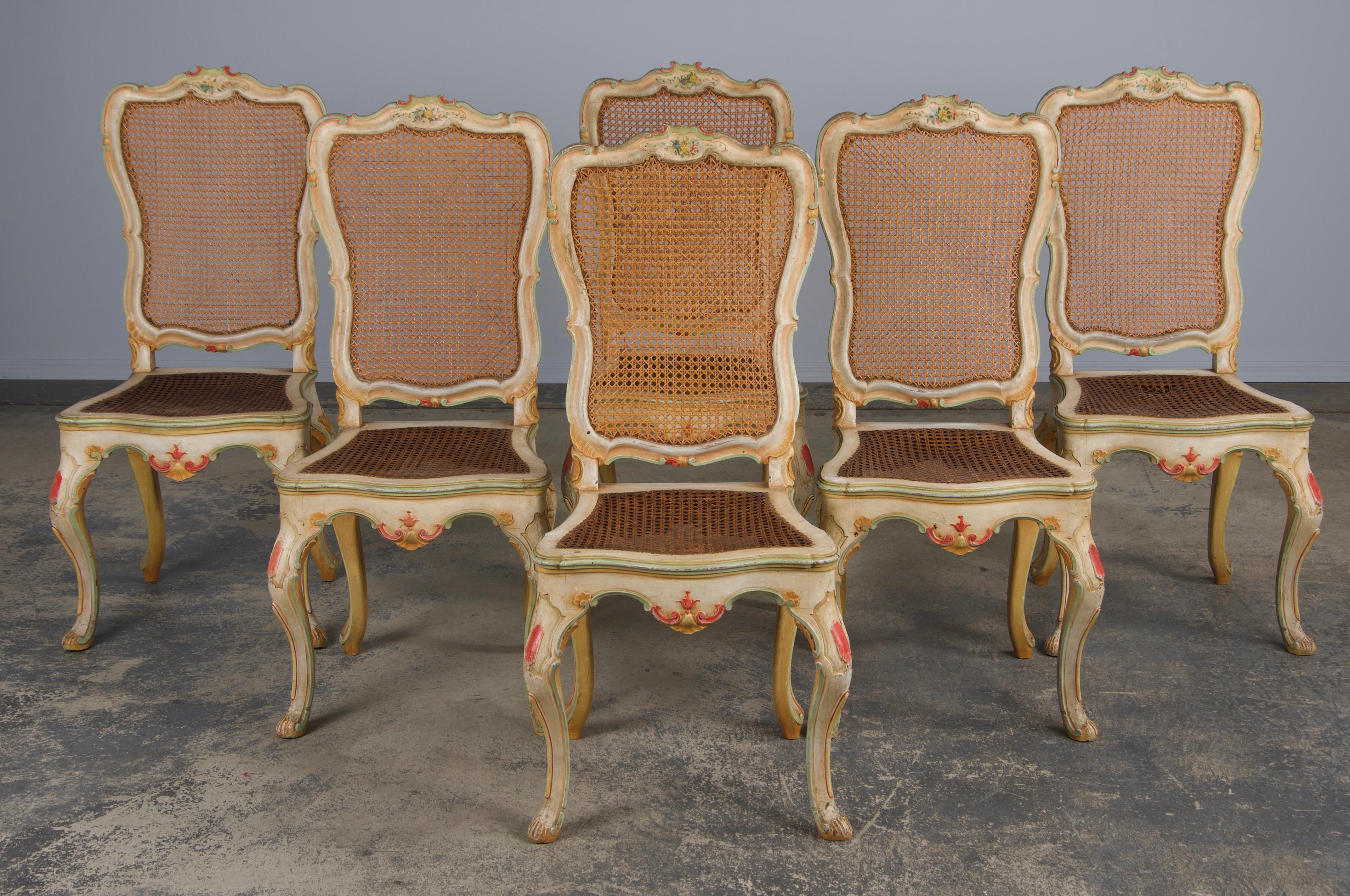 Six Early 19th Century French Louis XV Style Painted Cane Back Dining Chairs For Sale 14