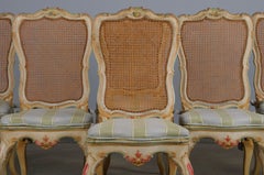 Six Early 19th Century French Louis XV Style Painted Cane Back Dining Chairs