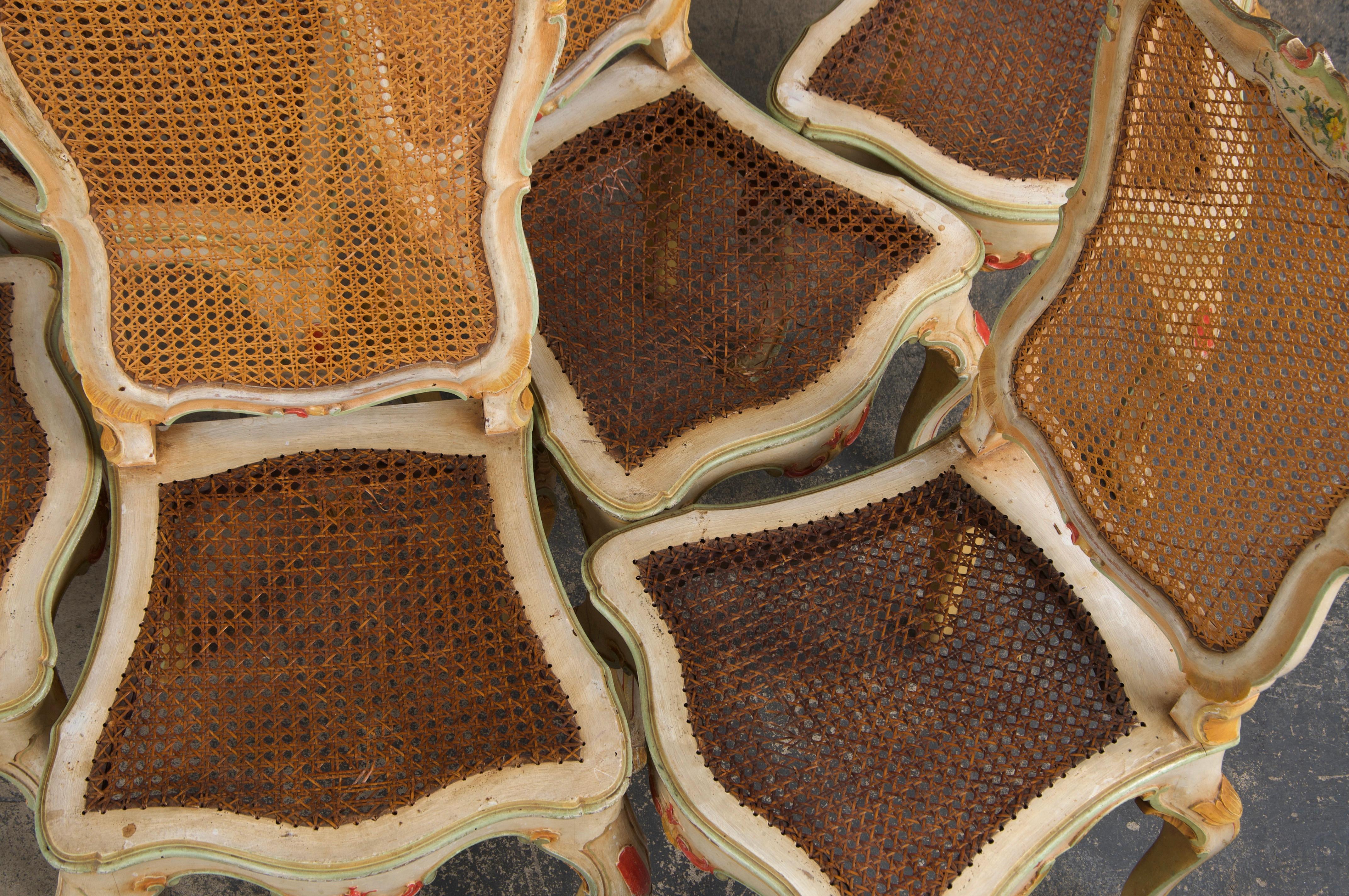 Six Early 19th Century French Louis XV Style Painted Cane Back Dining Chairs For Sale 15