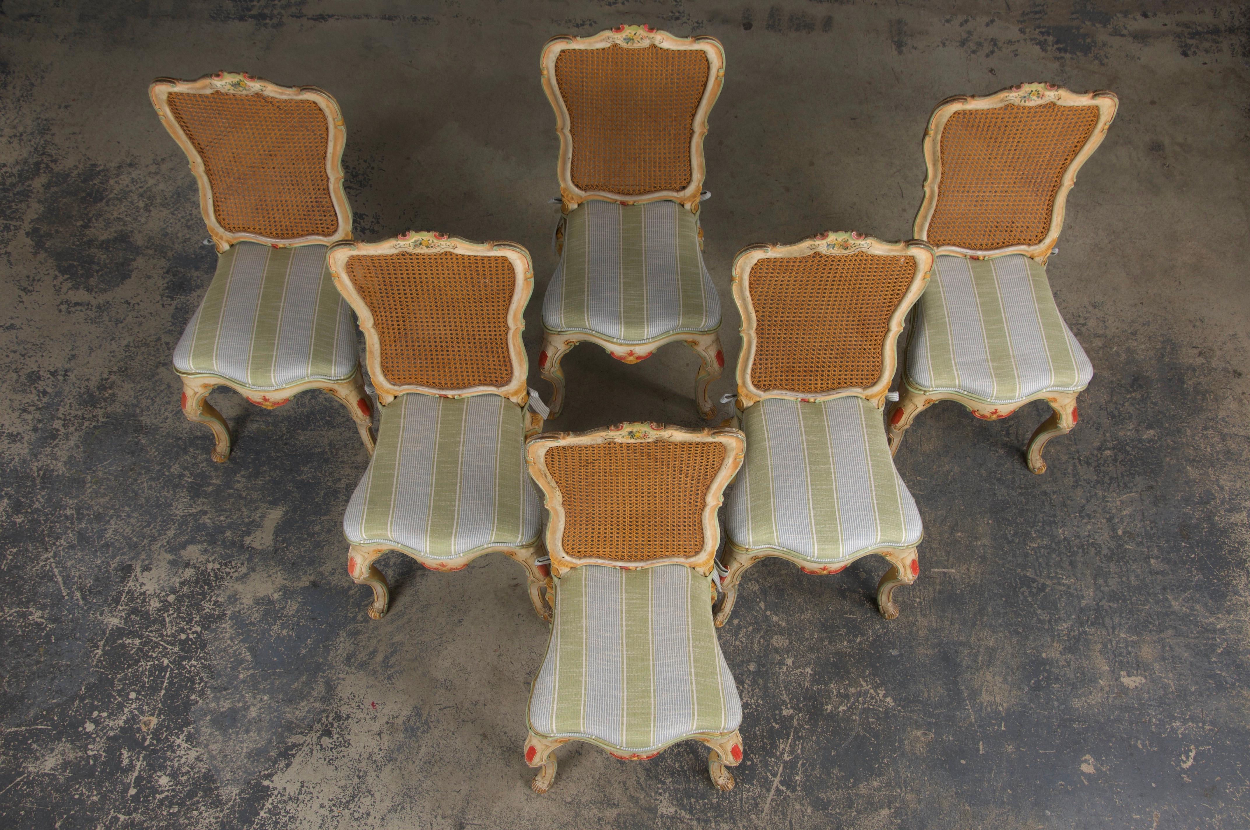 Hand-Woven Six Early 19th Century French Louis XV Style Painted Cane Back Dining Chairs For Sale