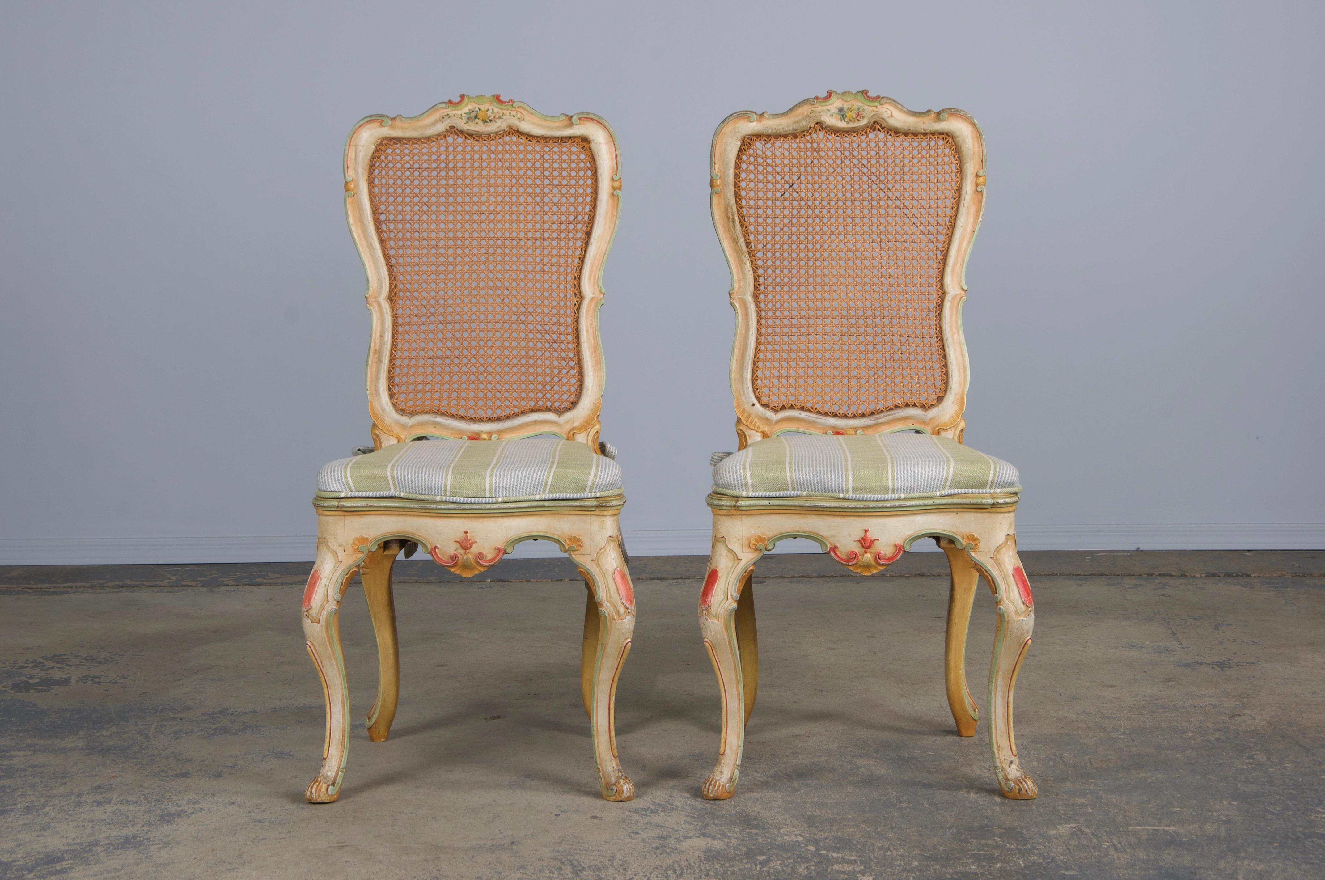 Linen Six Early 19th Century French Louis XV Style Painted Cane Back Dining Chairs For Sale