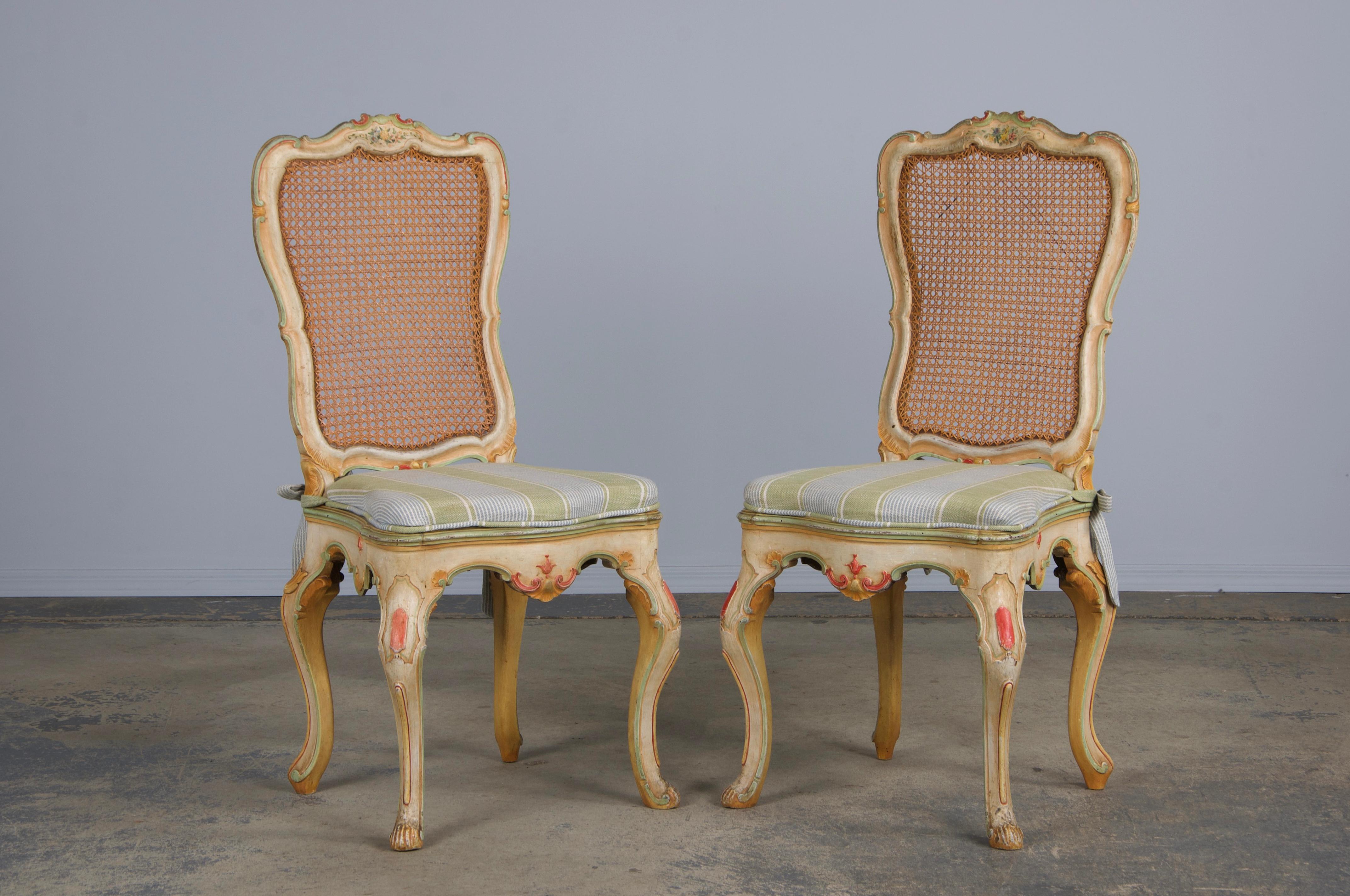Six Early 19th Century French Louis XV Style Painted Cane Back Dining Chairs For Sale 1