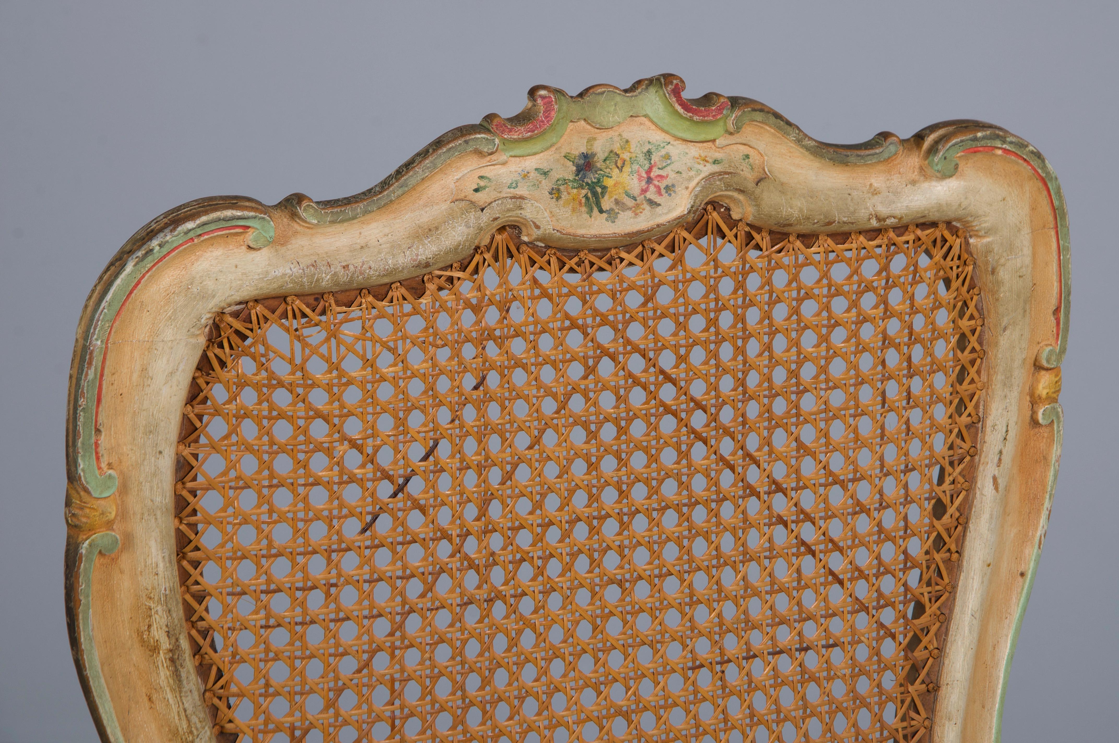 Six Early 19th Century French Louis XV Style Painted Cane Back Dining Chairs For Sale 2