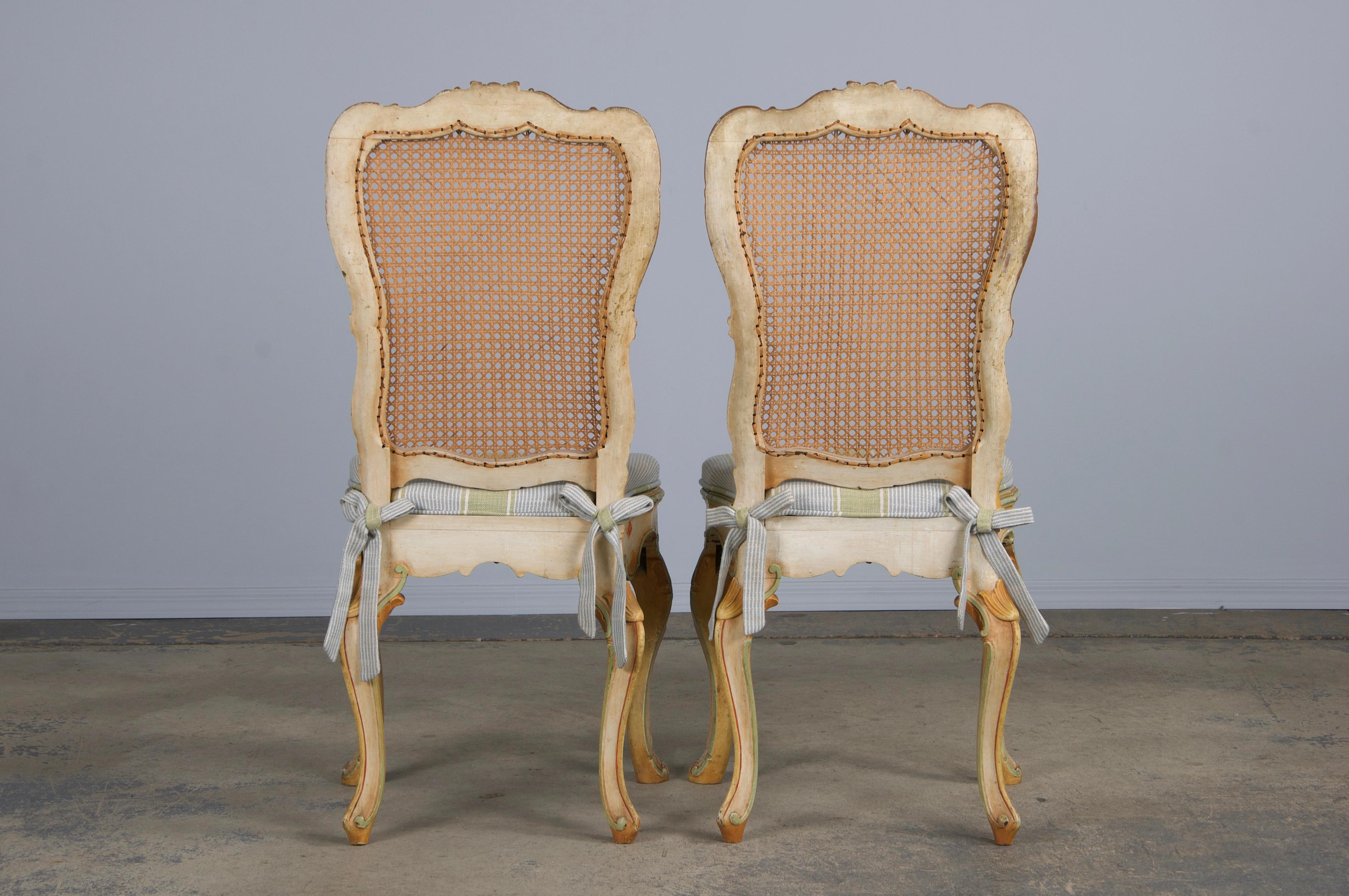 Six Early 19th Century French Louis XV Style Painted Cane Back Dining Chairs For Sale 4