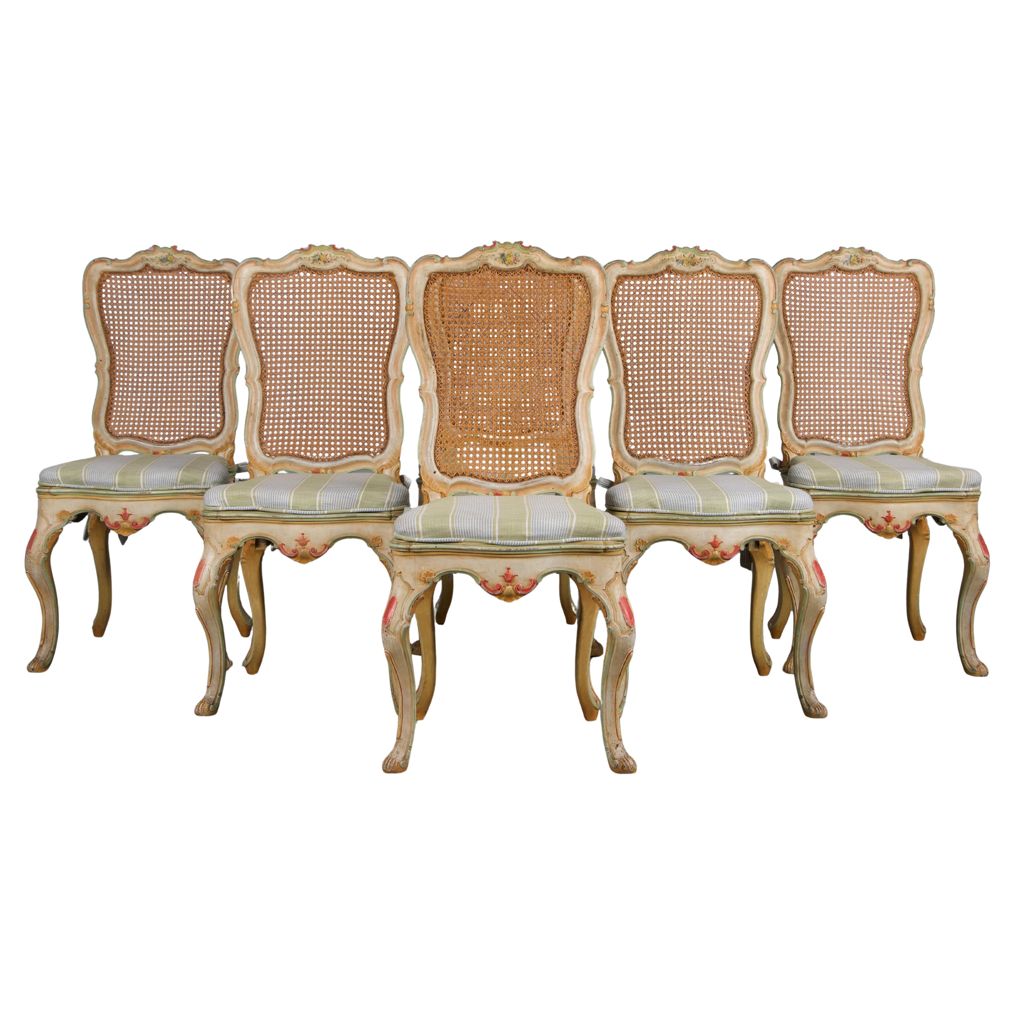 Six Early 19th Century French Louis XV Style Painted Cane Back Dining Chairs