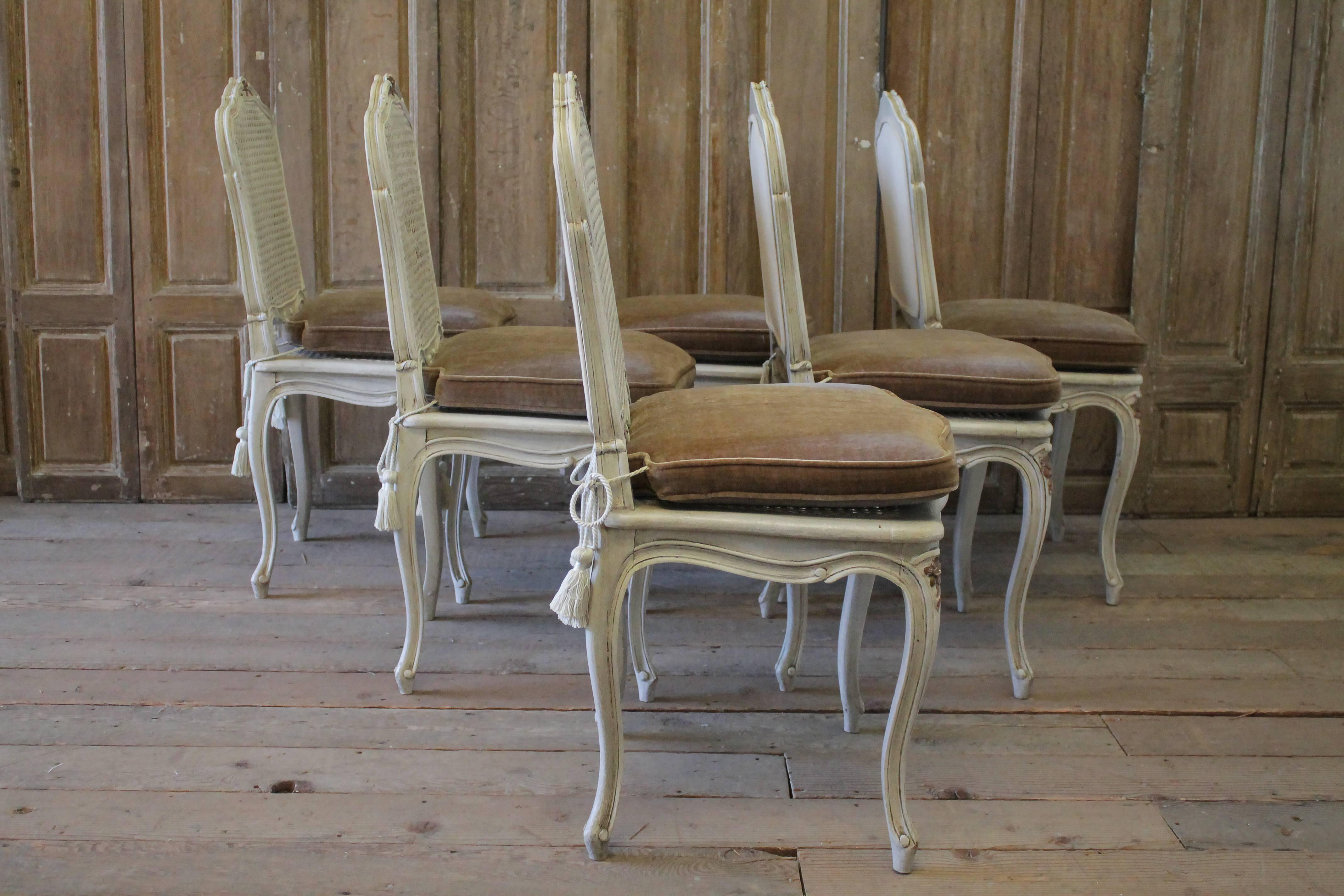 Six Early 20th Century Painted French Louis XV Style Cane Back Dining Chairs 9