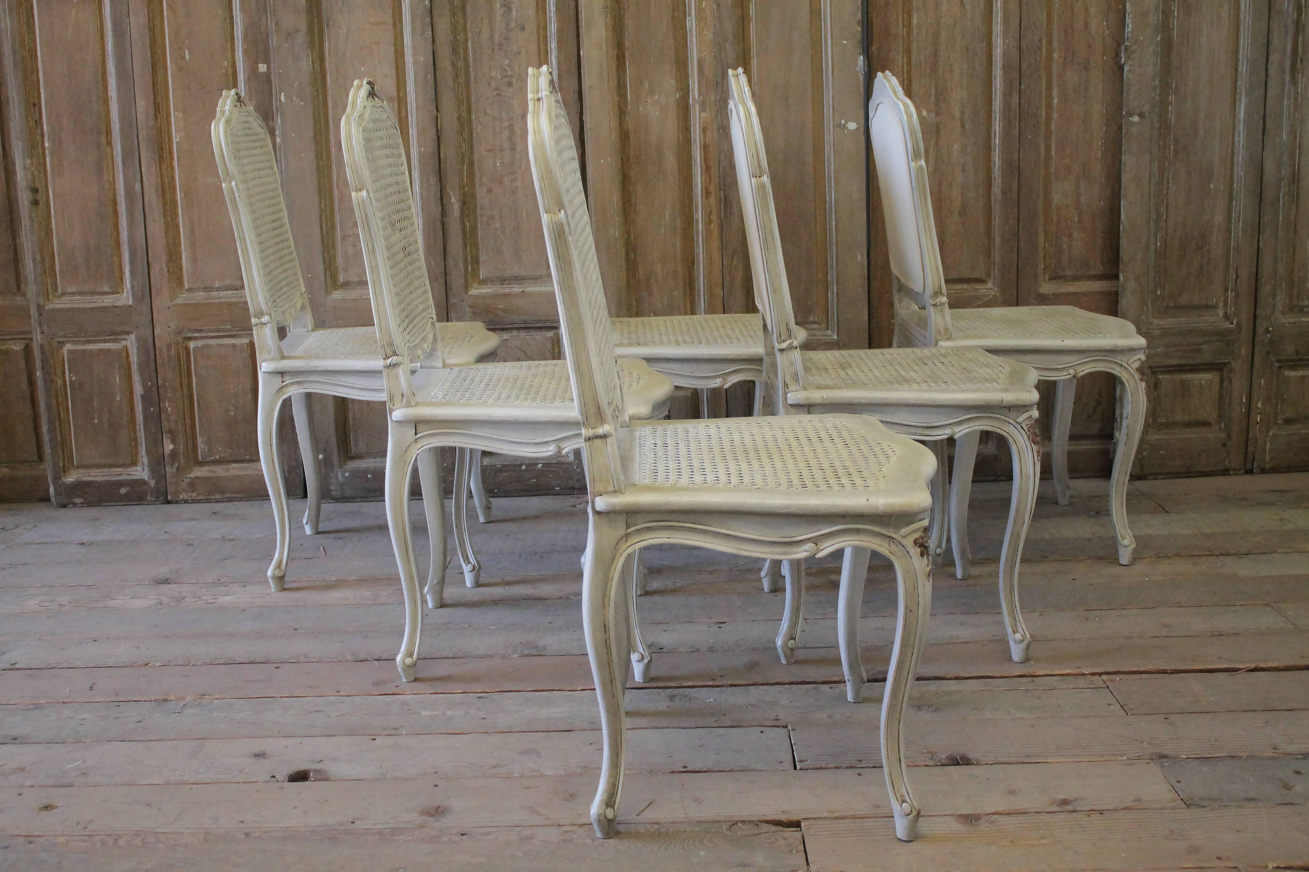 Six Early 20th Century Painted French Louis XV Style Cane Back Dining Chairs 10