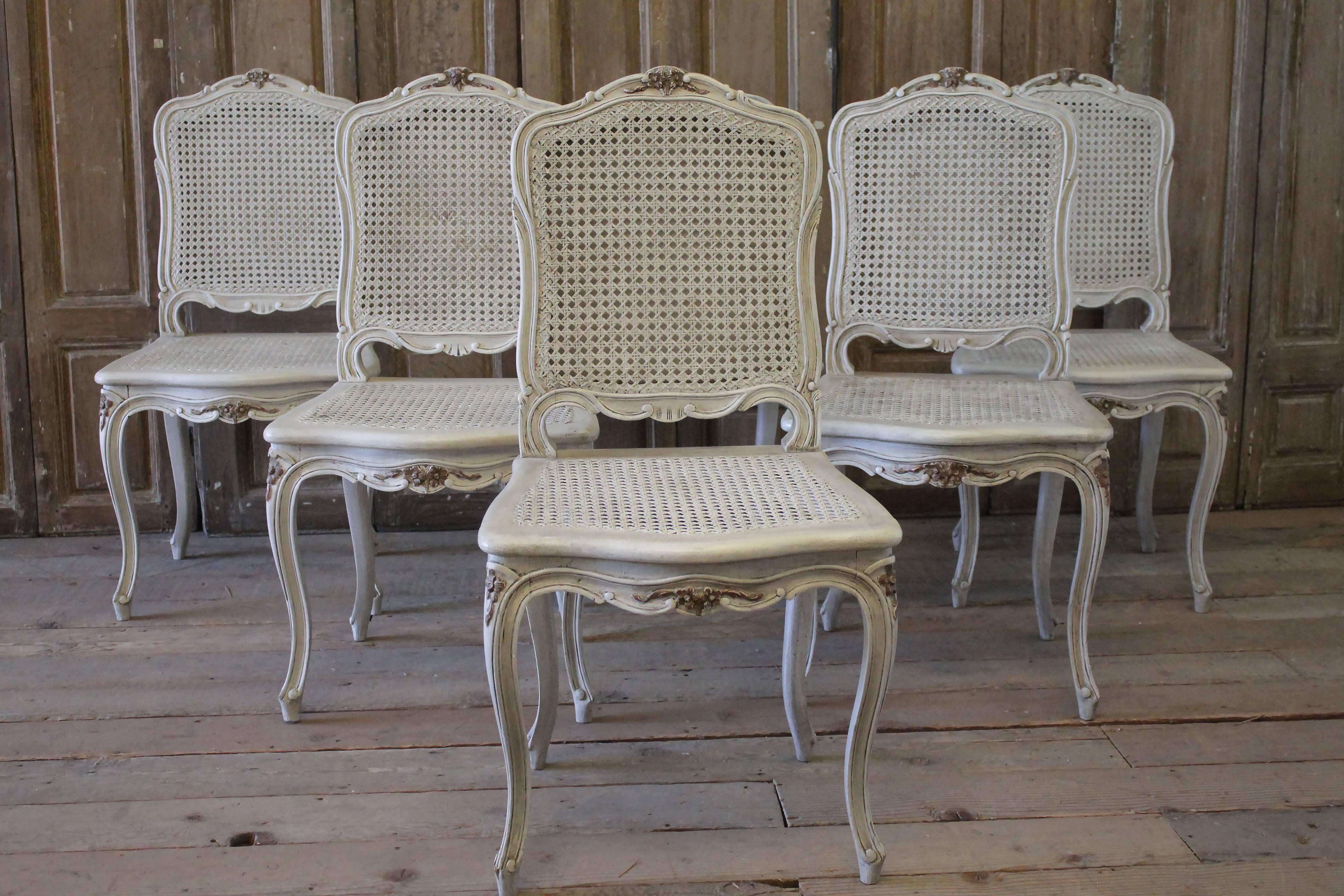 Six Early 20th Century Painted French Louis XV Style Cane Back Dining Chairs 11