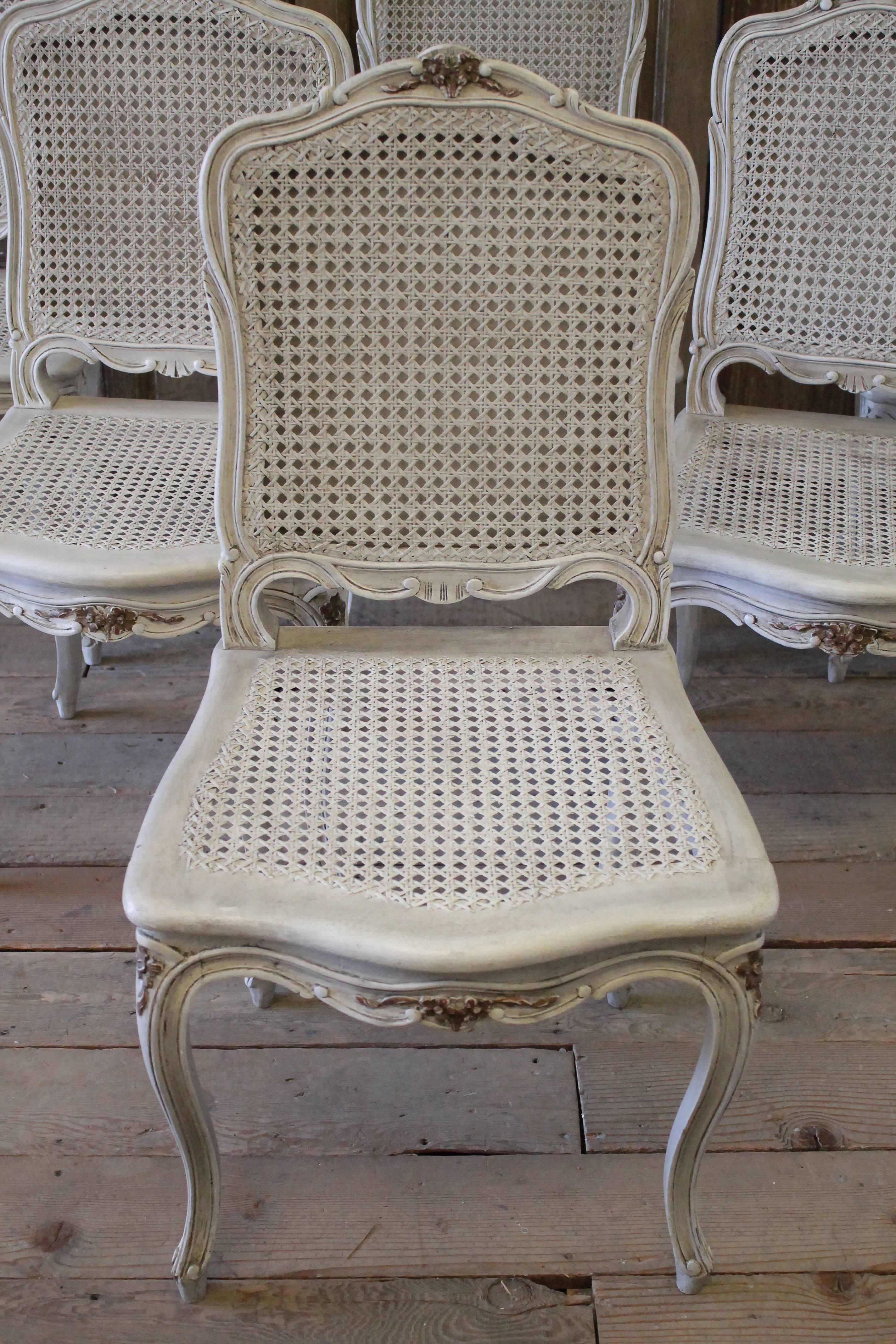 Six Early 20th Century Painted French Louis XV Style Cane Back Dining Chairs 12