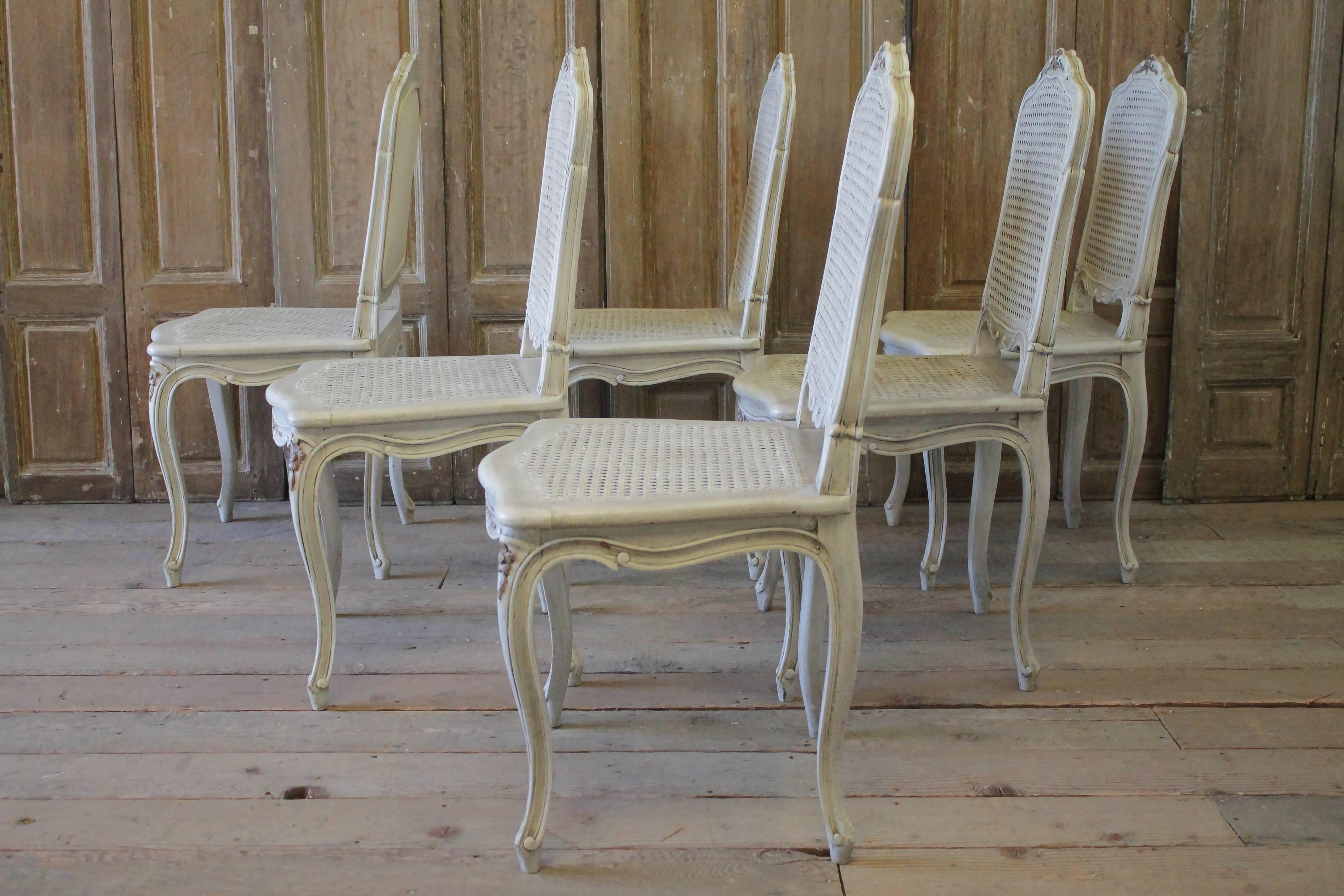 Six Early 20th Century Painted French Louis XV Style Cane Back Dining Chairs 13