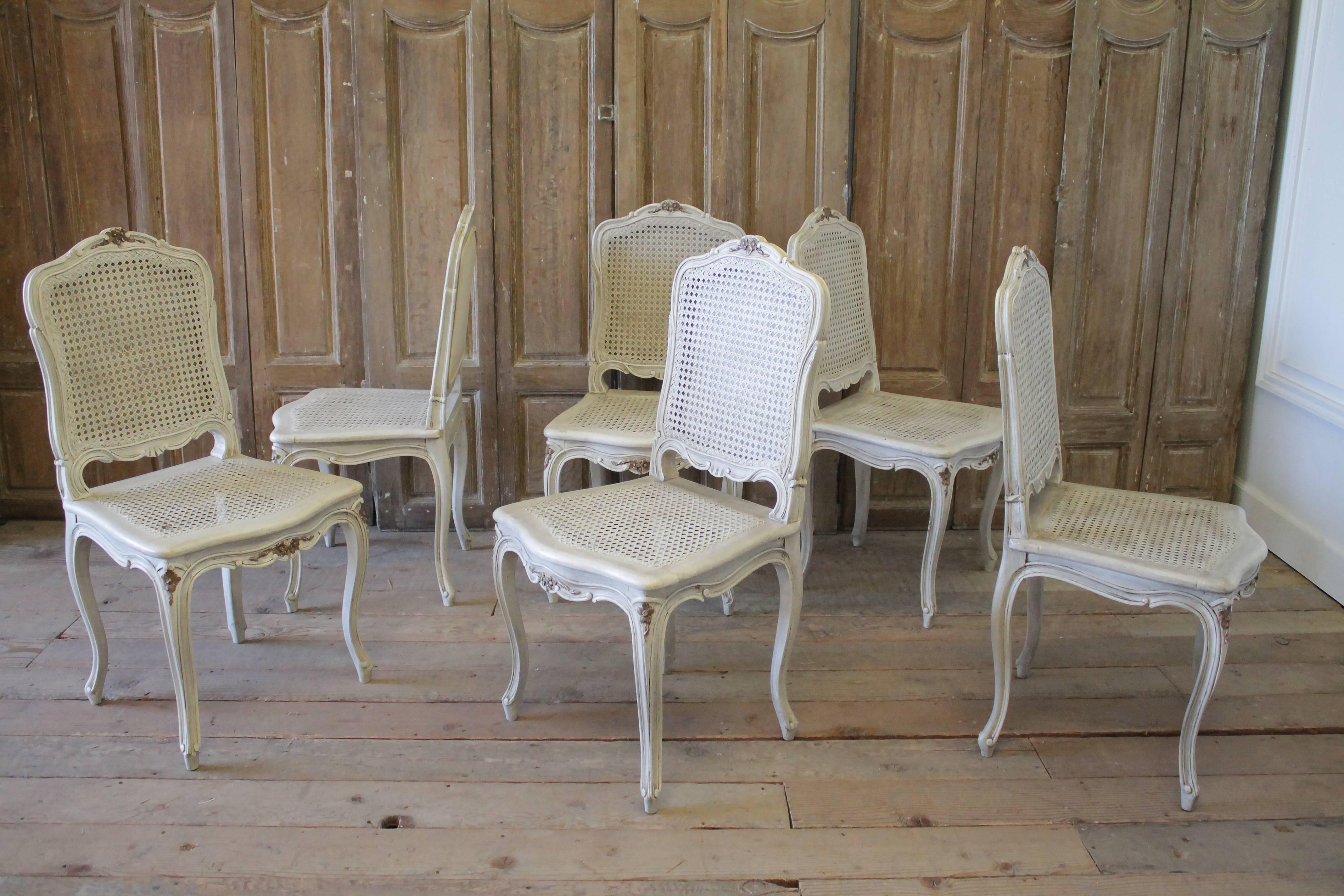 Six Early 20th Century Painted French Louis XV Style Cane Back Dining Chairs 15