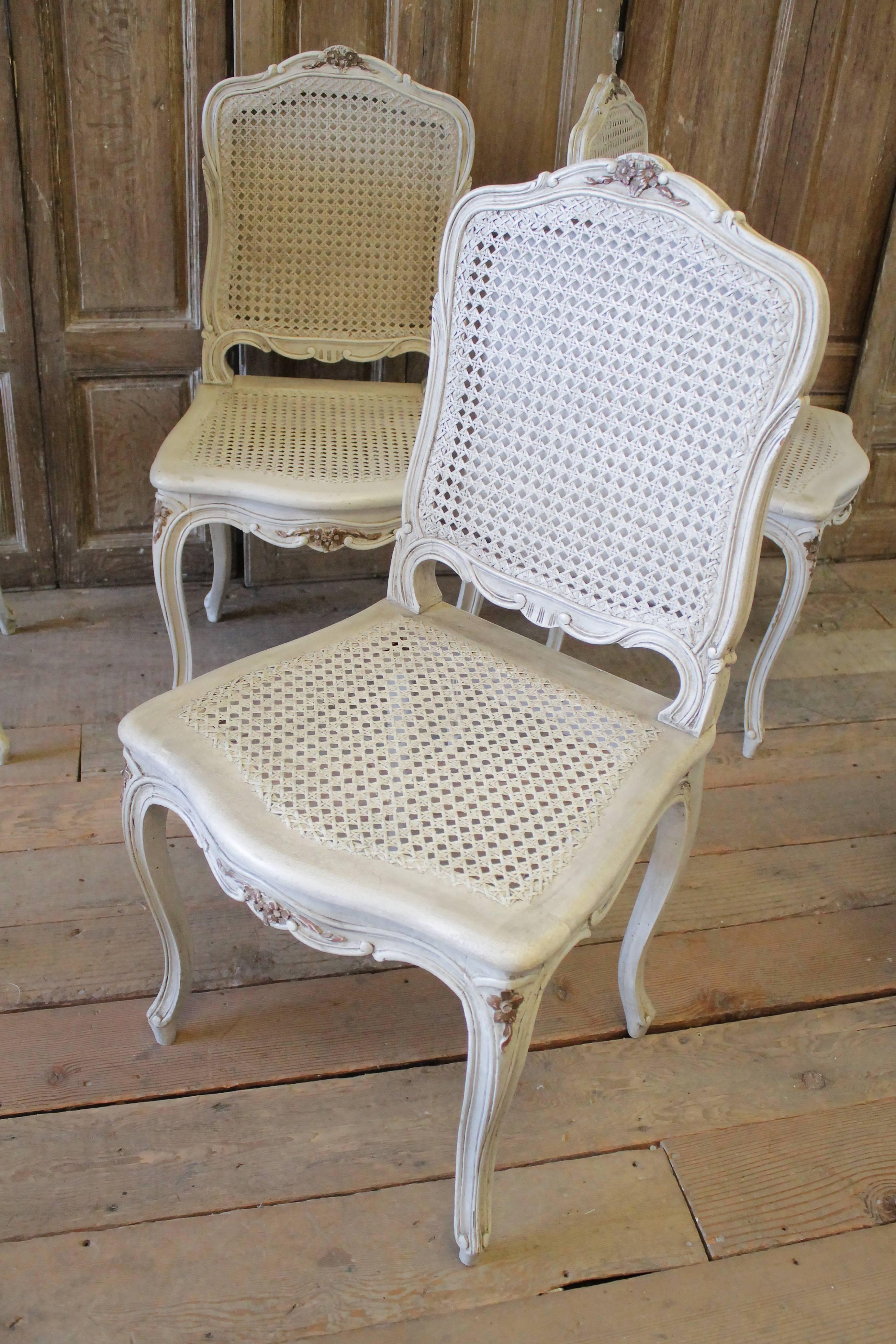 Six Early 20th Century Painted French Louis XV Style Cane Back Dining Chairs 16