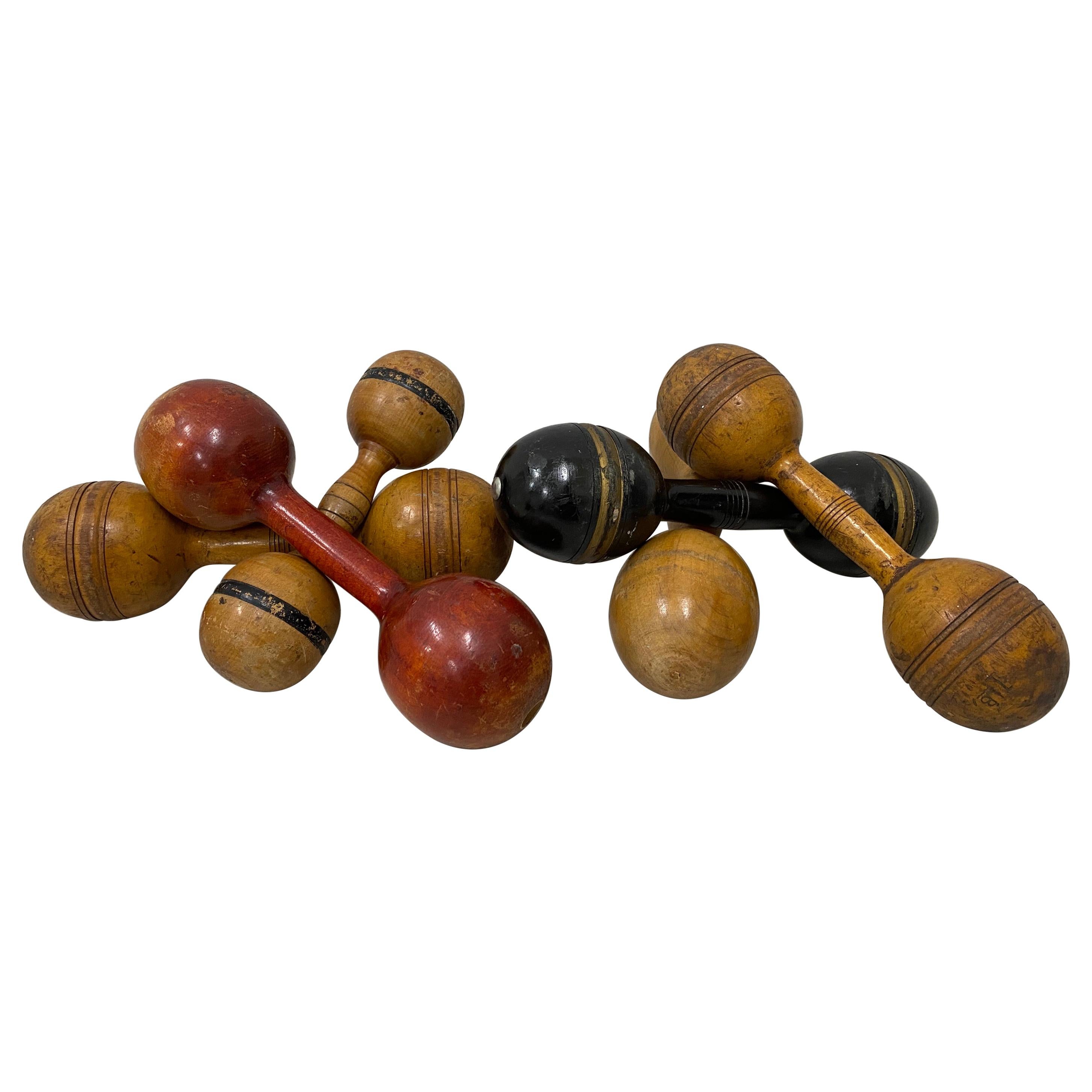 Six Early 20th Century Wooden Dumbbell Exercise Gym Hand Weight, circa 1930, Set